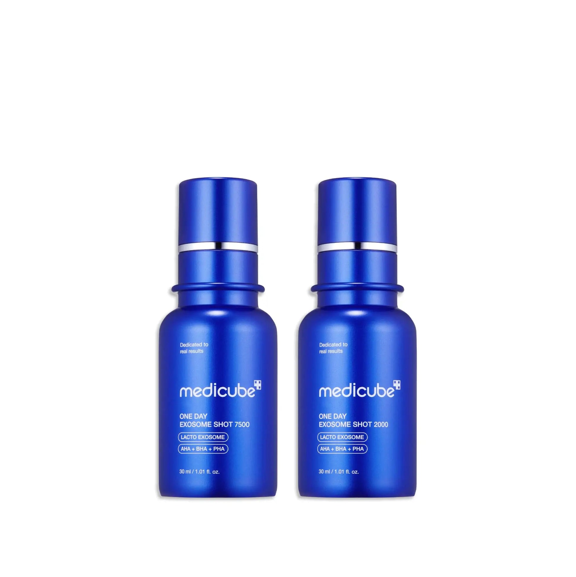 Two blue bottles of medicube Oneday Exosome Shot 7500 30ml 2pcs skincare serum with white text and silver accents on a white background