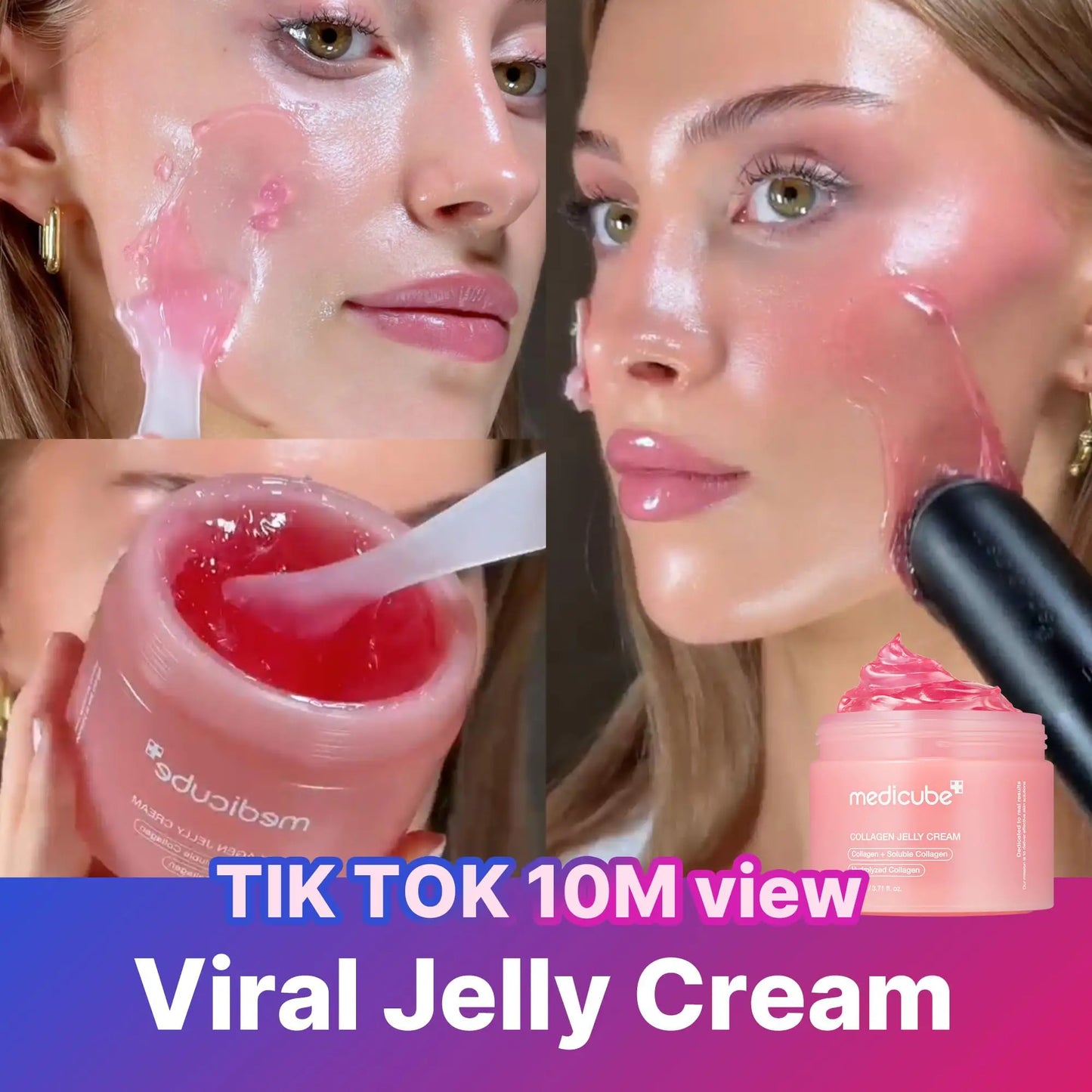 Close-up of woman applying glossy pink jelly cream on face with spatula alongside open jar, promoting medicube Oneday Exosome Shot 7500 30ml + Medicube Collagen Jelly Cream 50ml.