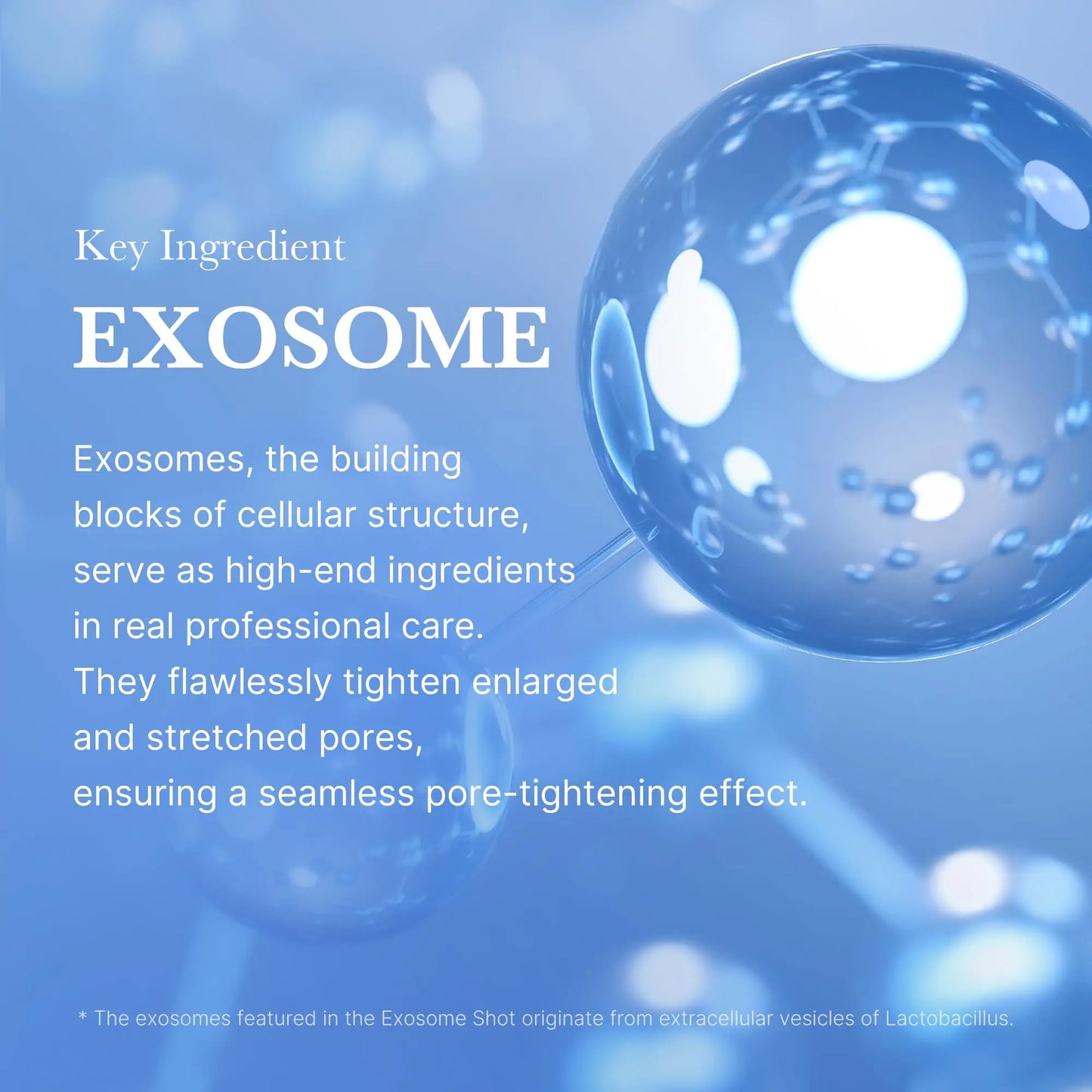 Graphic showing the key ingredient exosome with blue molecular spheres and text describing exosomes as building blocks of cellular structure that tighten and stretch pores, related to medicube Oneday Exosome Shot 7500 30ml + Medicube Collagen Jelly Cream 50ml.