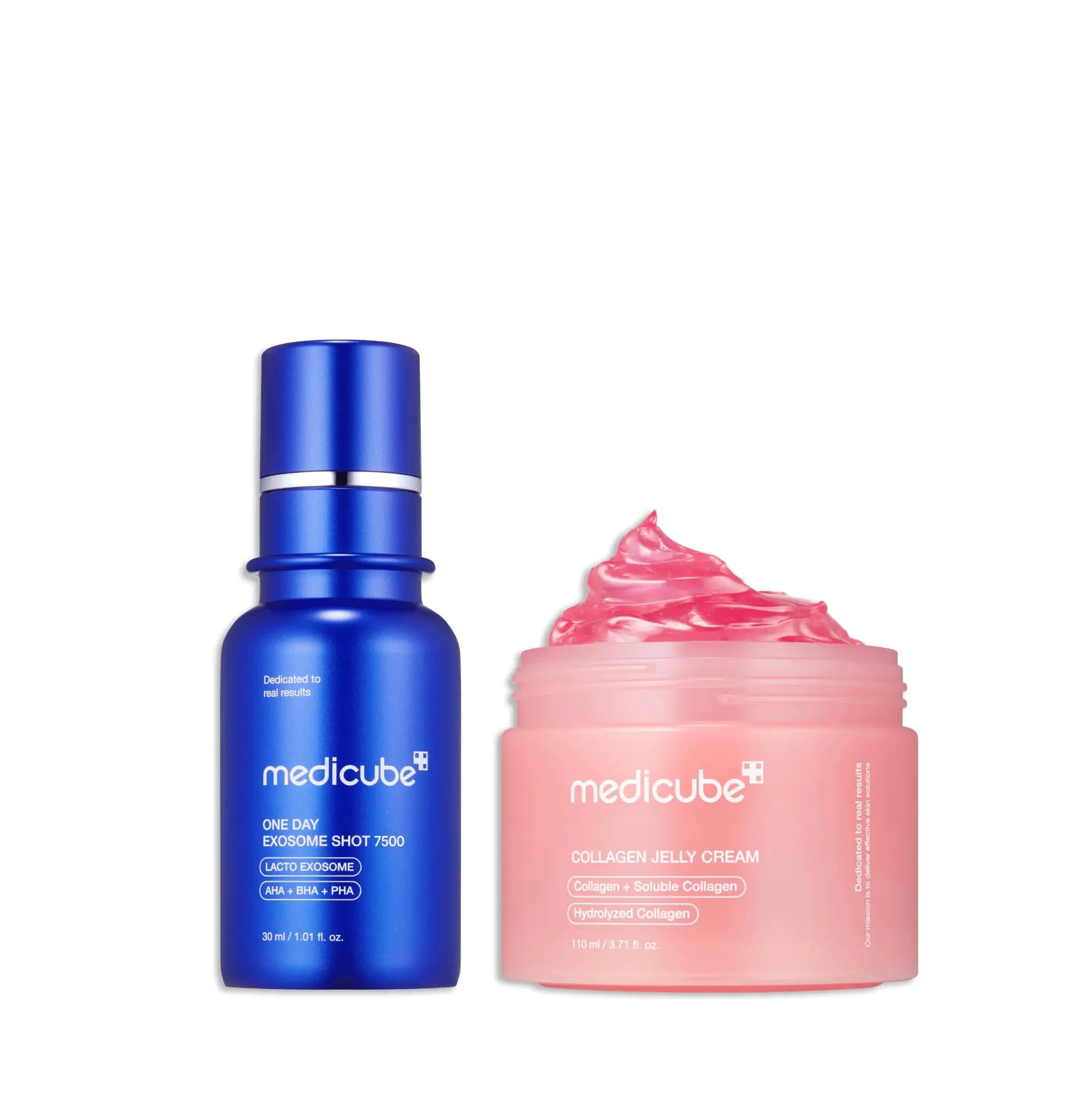 medicube Oneday Exosome Shot 7500 30ml + Medicube Collagen Jelly Cream 50ml in blue and pink packaging, highlighting advanced skincare essentials for hydration and rejuvenation.