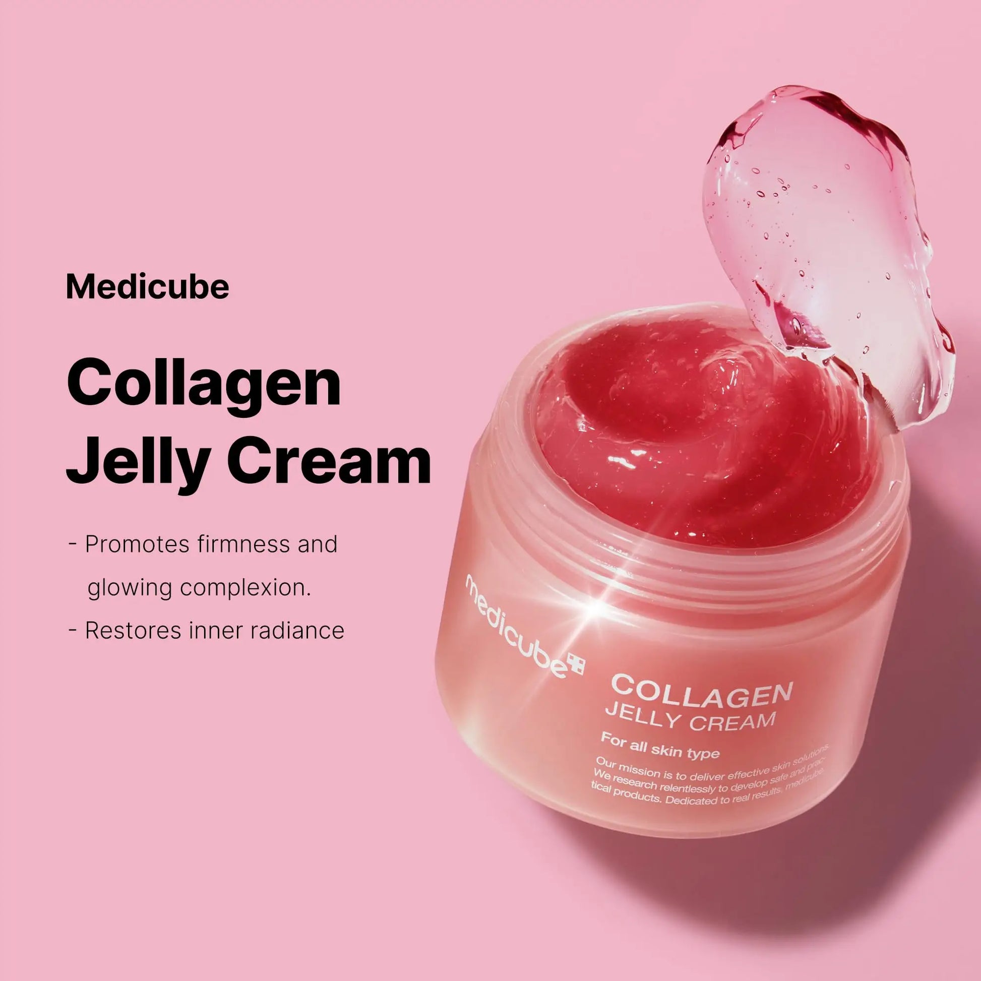 Open jar of medicube Collagen Jelly Cream with pink gel texture lifted above, displayed on a pink background with text promoting firmness and glowing complexion, part of medicube Oneday Exosome Shot 7500 30ml + Medicube Collagen Jelly Cream 50ml set.