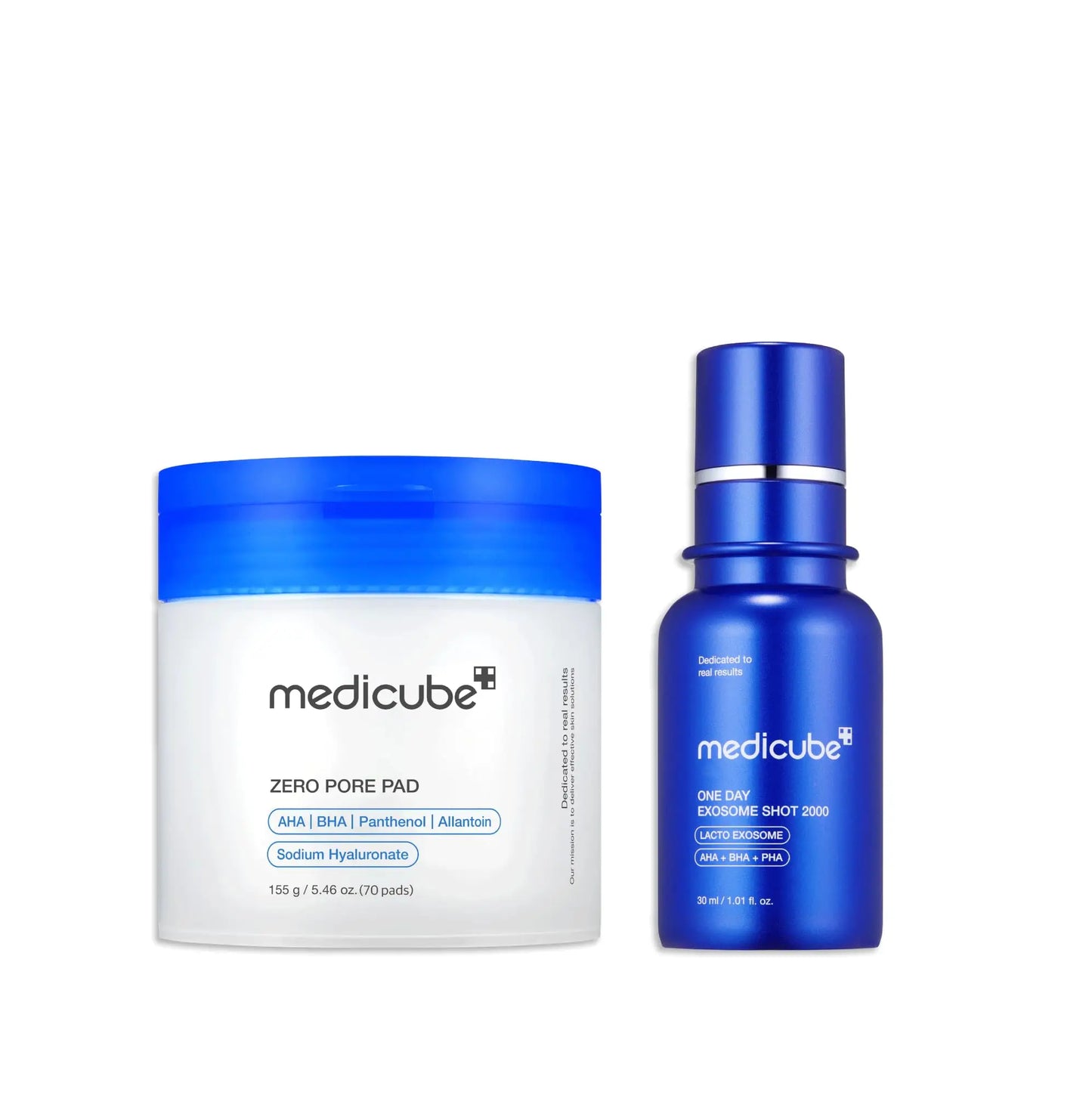 medicube Oneday Exosome Shot 7500 30ml + medicube Zero Pore Pad 155g skincare set with blue and white packaging, featuring a serum bottle and exfoliating pads for pore care.