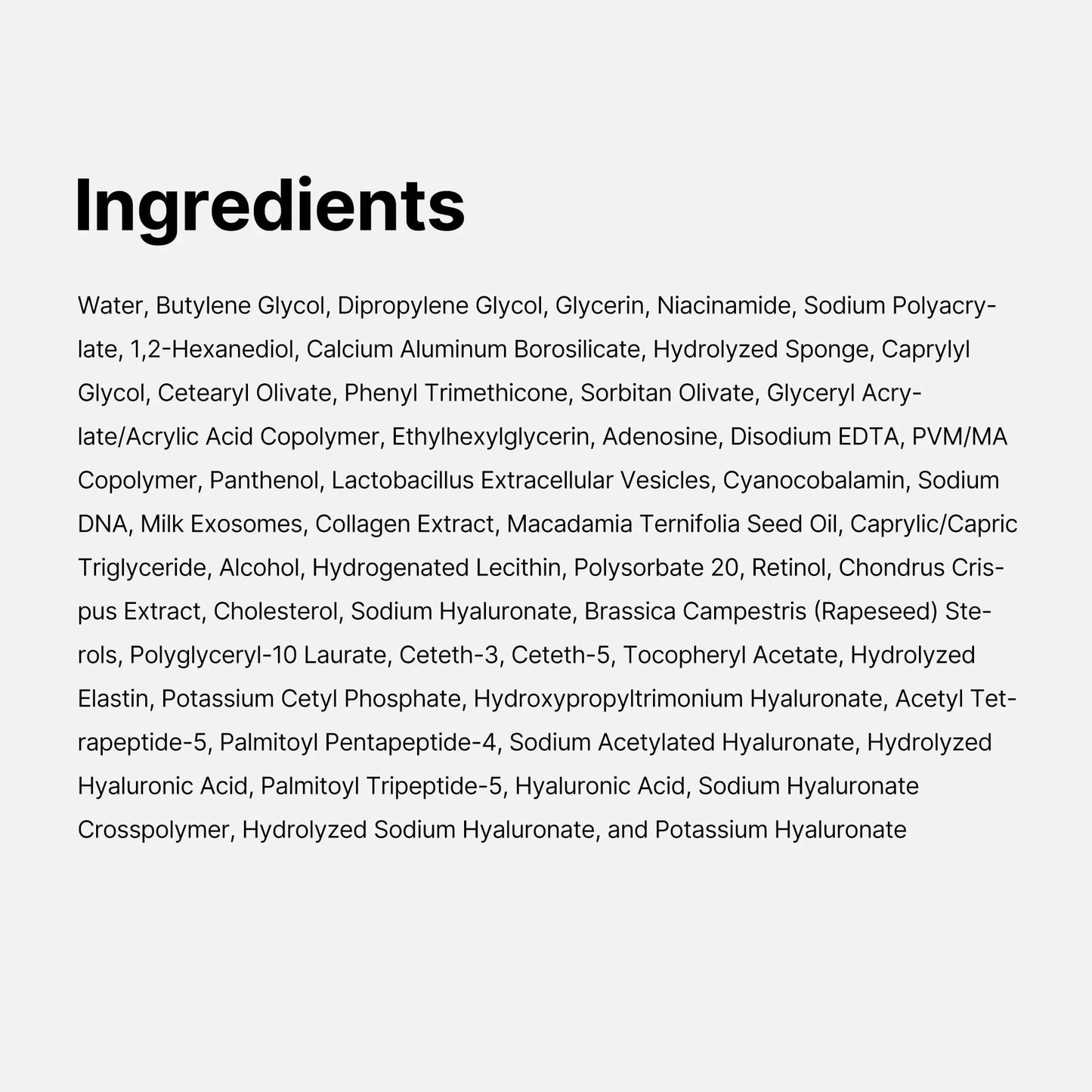 Ingredients list for medicube PDRN Pink Collagen Exosome Shot 7500 30ml including Water, Butylene Glycol, Glycerin, Niacinamide, Adenosine, Panthenol, Collagen Extract, Milk Exosomes, Retinol, Sodium Hyaluronate, Hydrolyzed Elastin, and several hyaluronic acid derivatives.