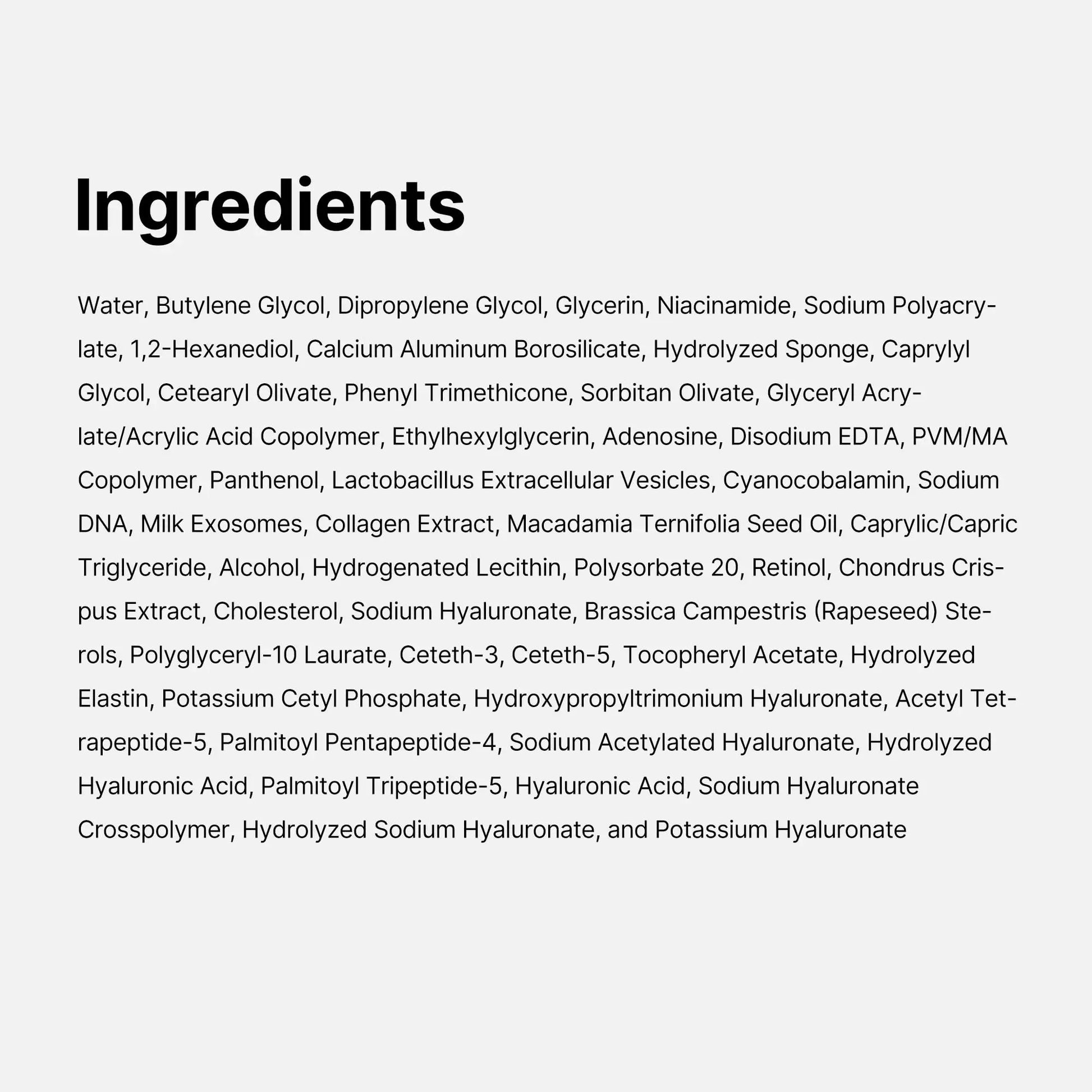 Ingredients list for medicube PDRN Pink Collagen Exosome Shot 7500 30ml including Water, Butylene Glycol, Glycerin, Niacinamide, Adenosine, Panthenol, Collagen Extract, Milk Exosomes, Retinol, Sodium Hyaluronate, Hydrolyzed Elastin, and several hyaluronic acid derivatives.