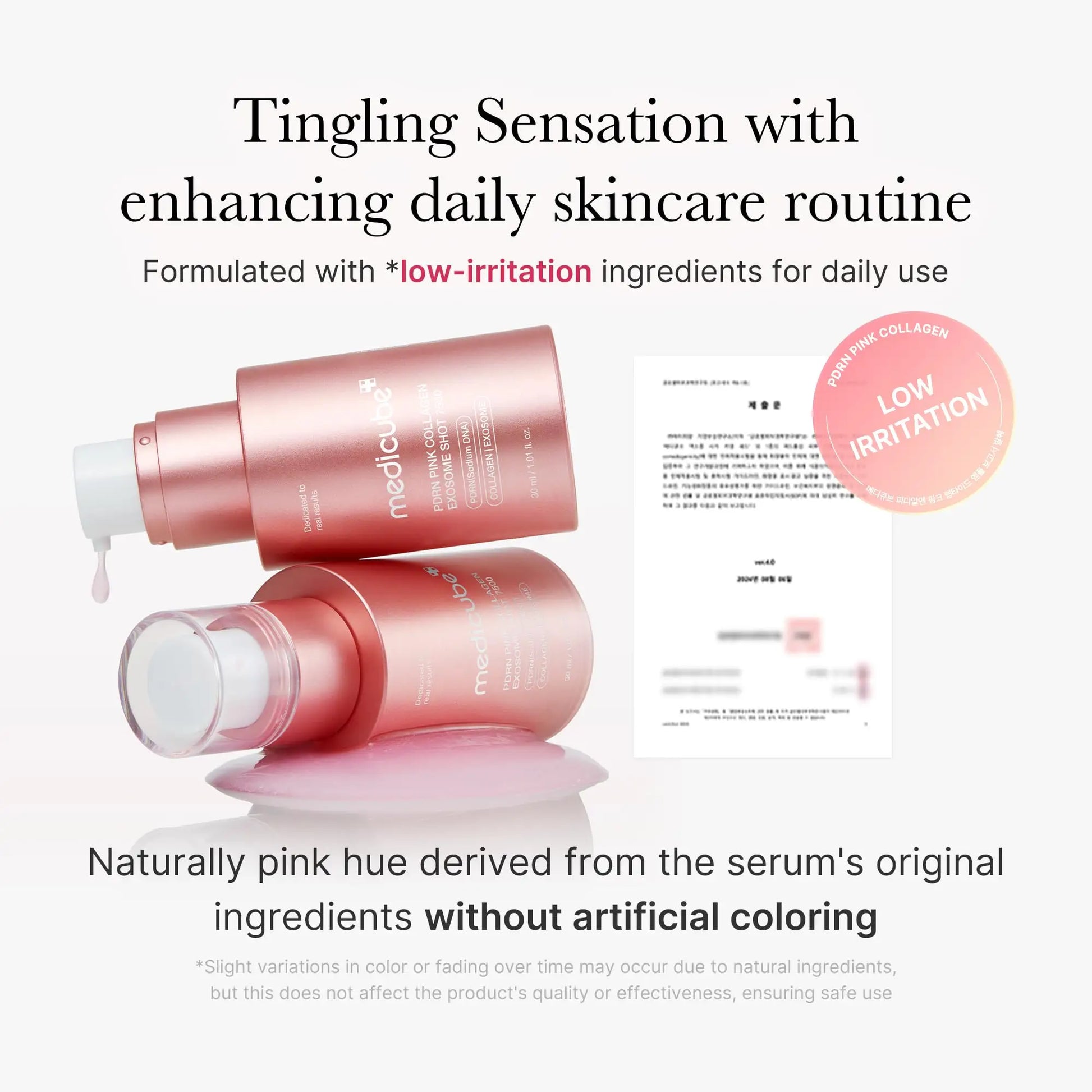 medicube PDRN Pink Collagen Exosome Shot 7500 30ml with a naturally pink hue, designed for low-irritation daily skincare routines, promoting gentle skin enhancement and collagen support.