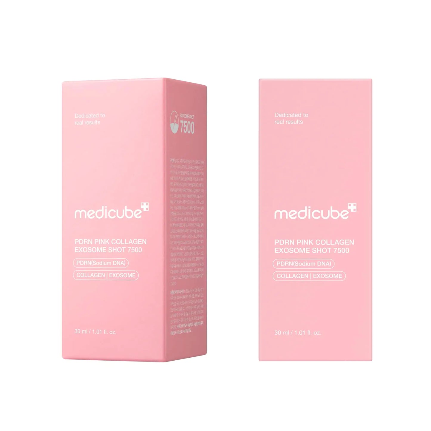 medicube PDRN Pink Collagen Exosome Shot 7500 30ml packaging in soft pink with white text, highlighting collagen and exosome features for skincare benefits.
