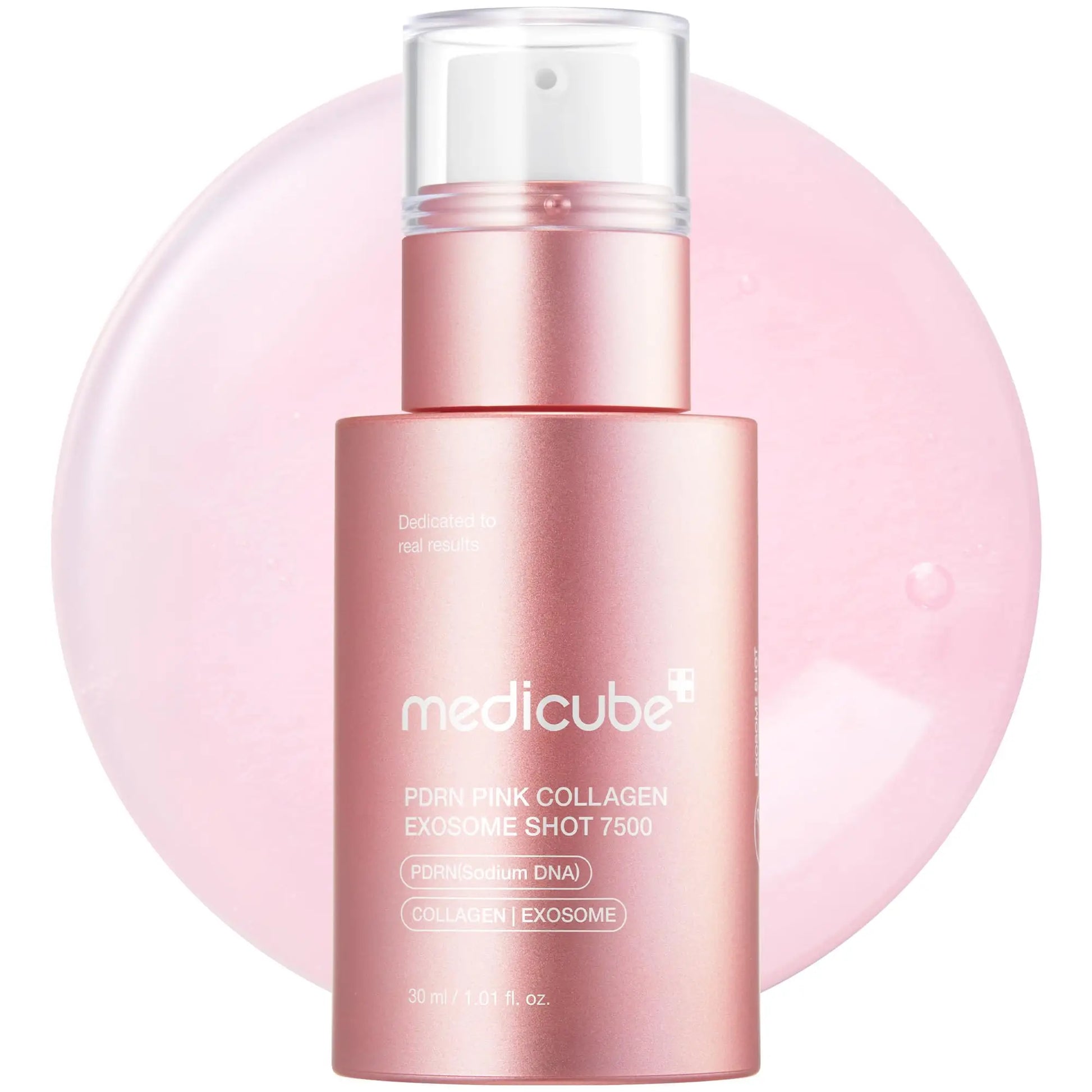 medicube PDRN Pink Collagen Exosome Shot 7500 30ml in a sleek pink bottle with clear pump, displayed with a soft pink collagen serum background for skin care renewal and hydration.