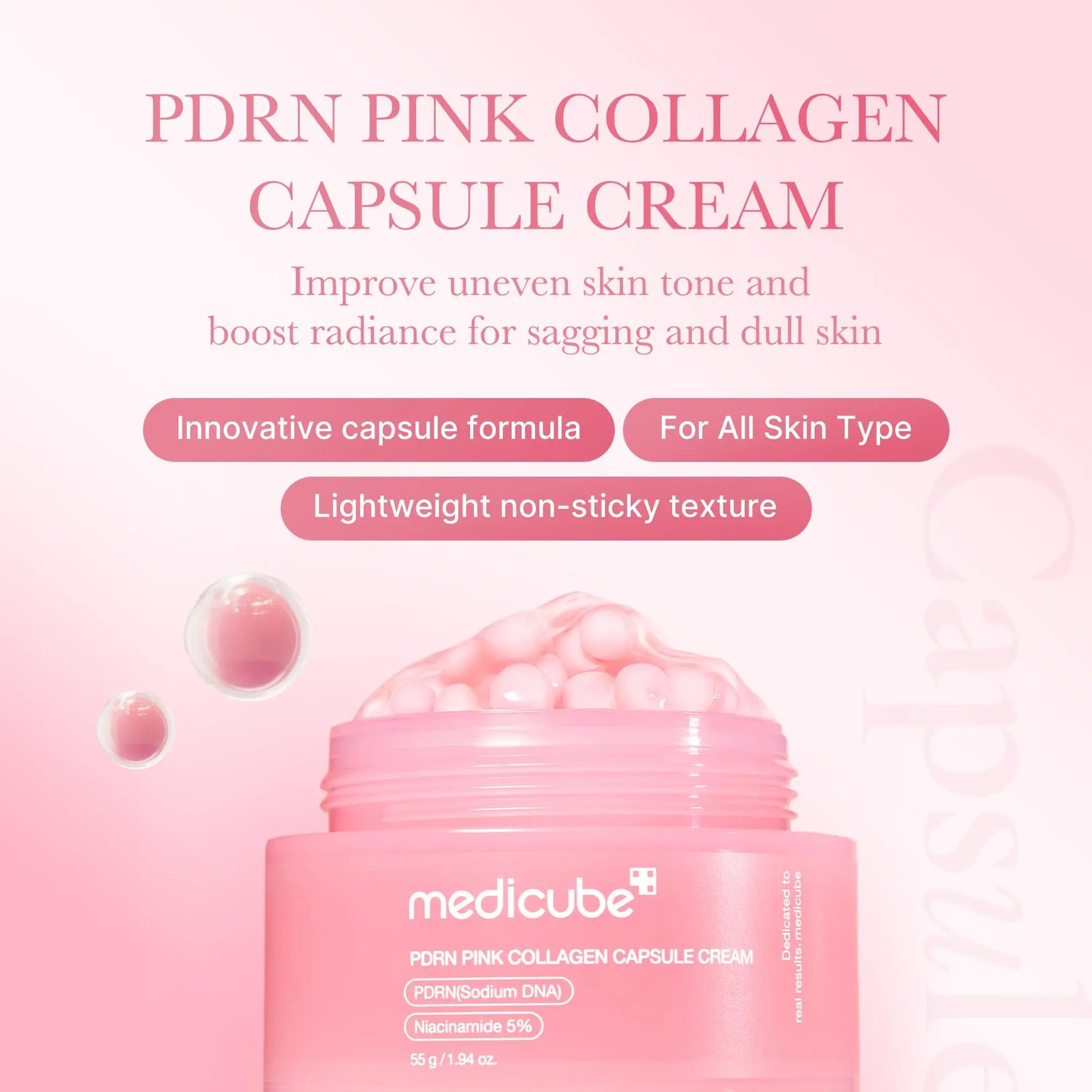 medicube PDRN Pink Peptide Serum 30ml + PDRN Pink Collagen Capsule Cream 55g featuring open pink jar with capsule cream, highlighting innovative capsule formula and benefits for all skin types.
