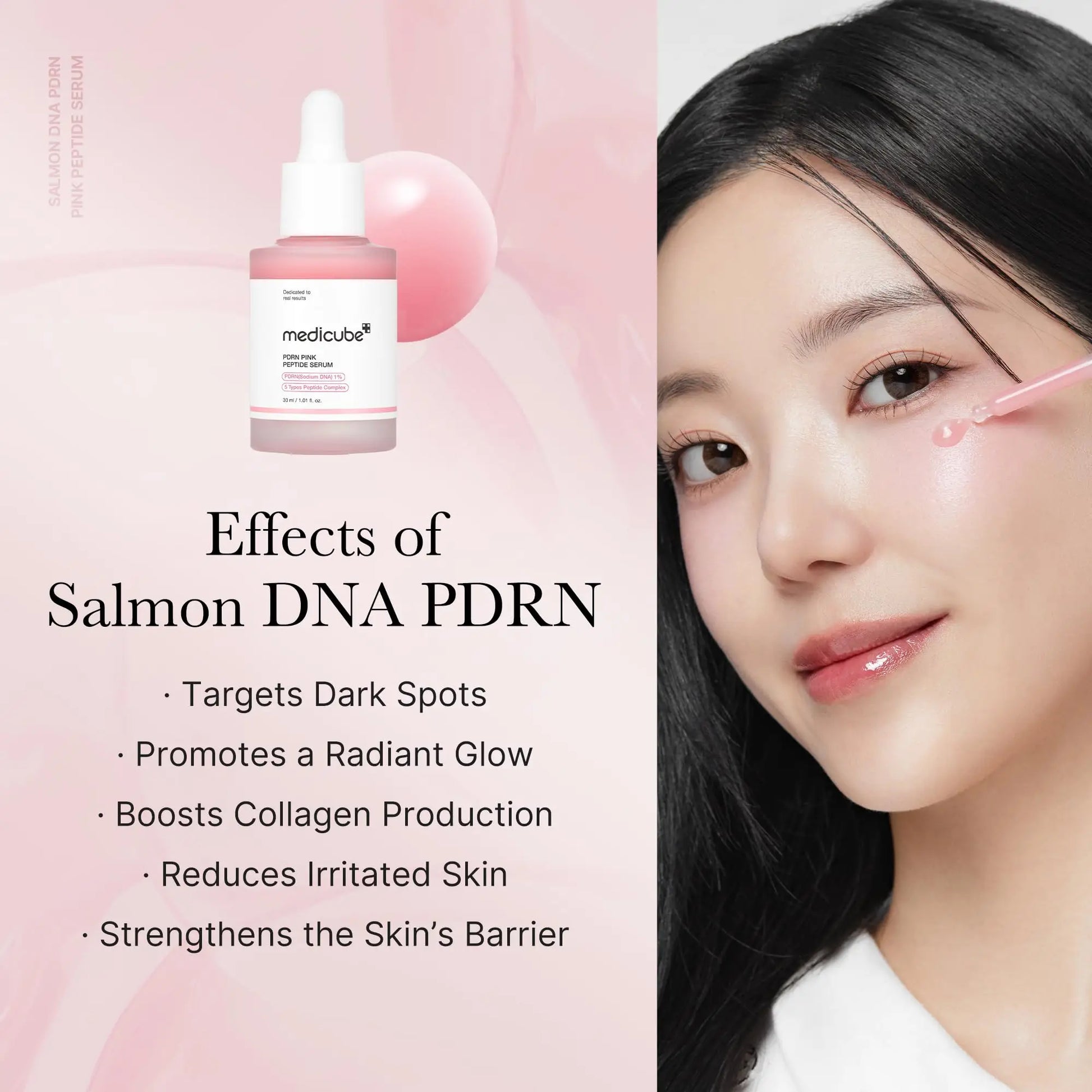 medicube PDRN Pink Peptide Serum 30ml + PDRN Pink Collagen Capsule Cream 55g shown with text about Salmon DNA PDRN benefits including targeting dark spots, promoting glow, boosting collagen, reducing irritation, and strengthening skin barrier next to a woman applying serum on her cheek