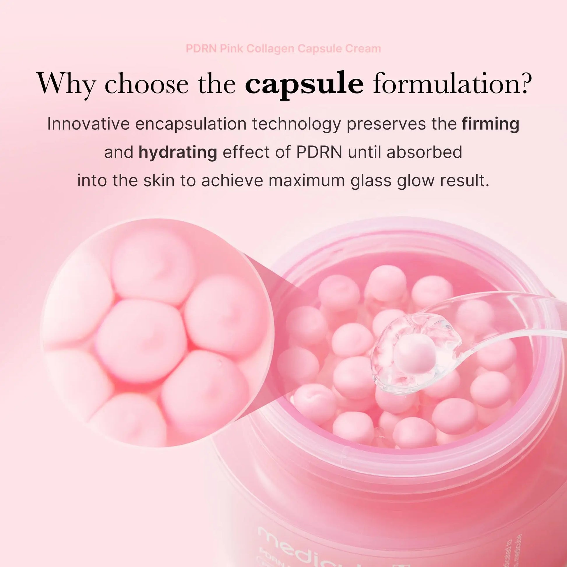 medicube PDRN Pink Peptide Serum 30ml + PDRN Pink Collagen Capsule Cream 55g featuring a close-up of pink collagen capsules in a jar, highlighting firming and hydrating benefits with innovative encapsulation technology.