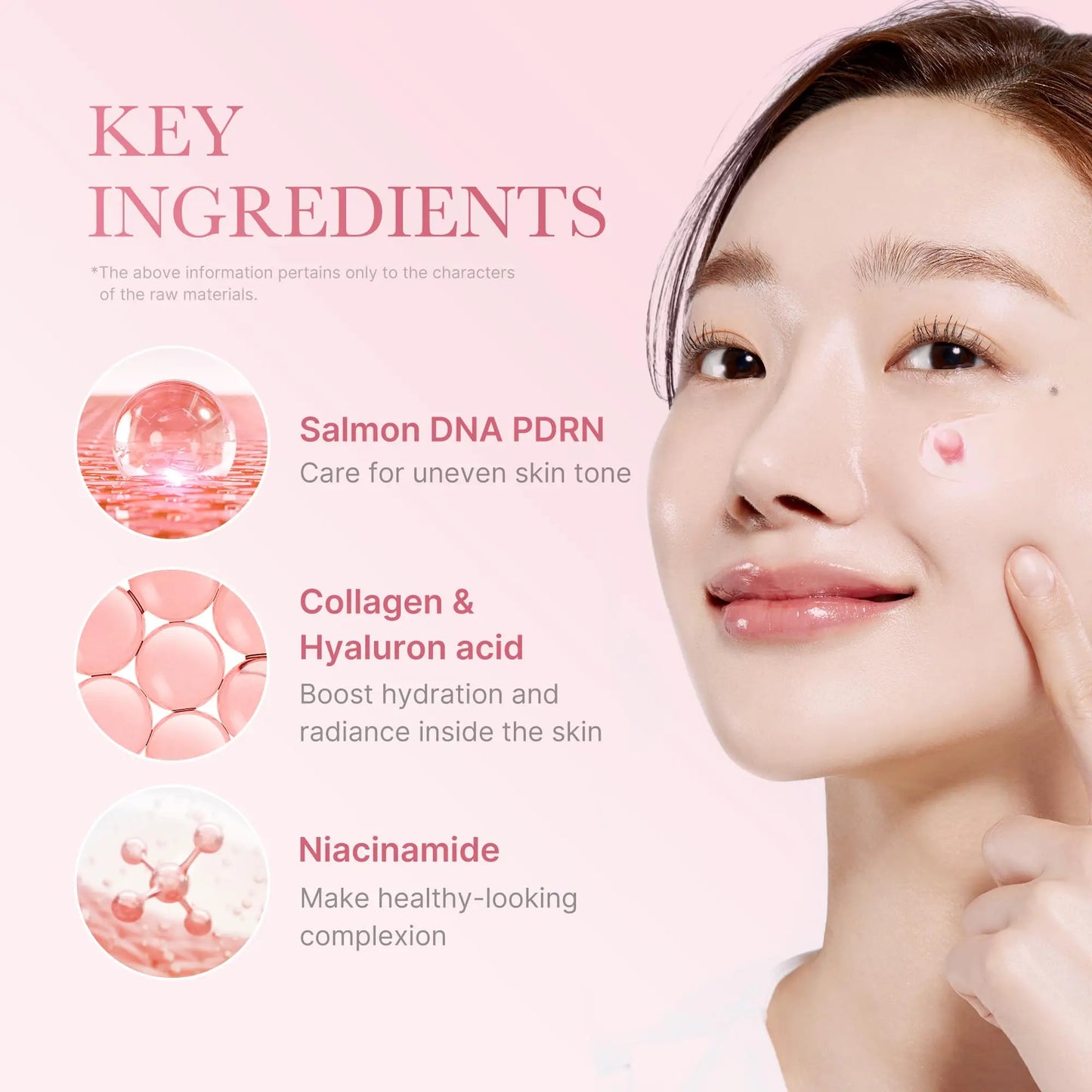 Close-up of a woman applying medicube PDRN Pink Peptide Serum 30ml + PDRN Pink Collagen Capsule Cream 55g, highlighting key ingredients Salmon DNA PDRN, Collagen & Hyaluron acid, and Niacinamide for skin care benefits.