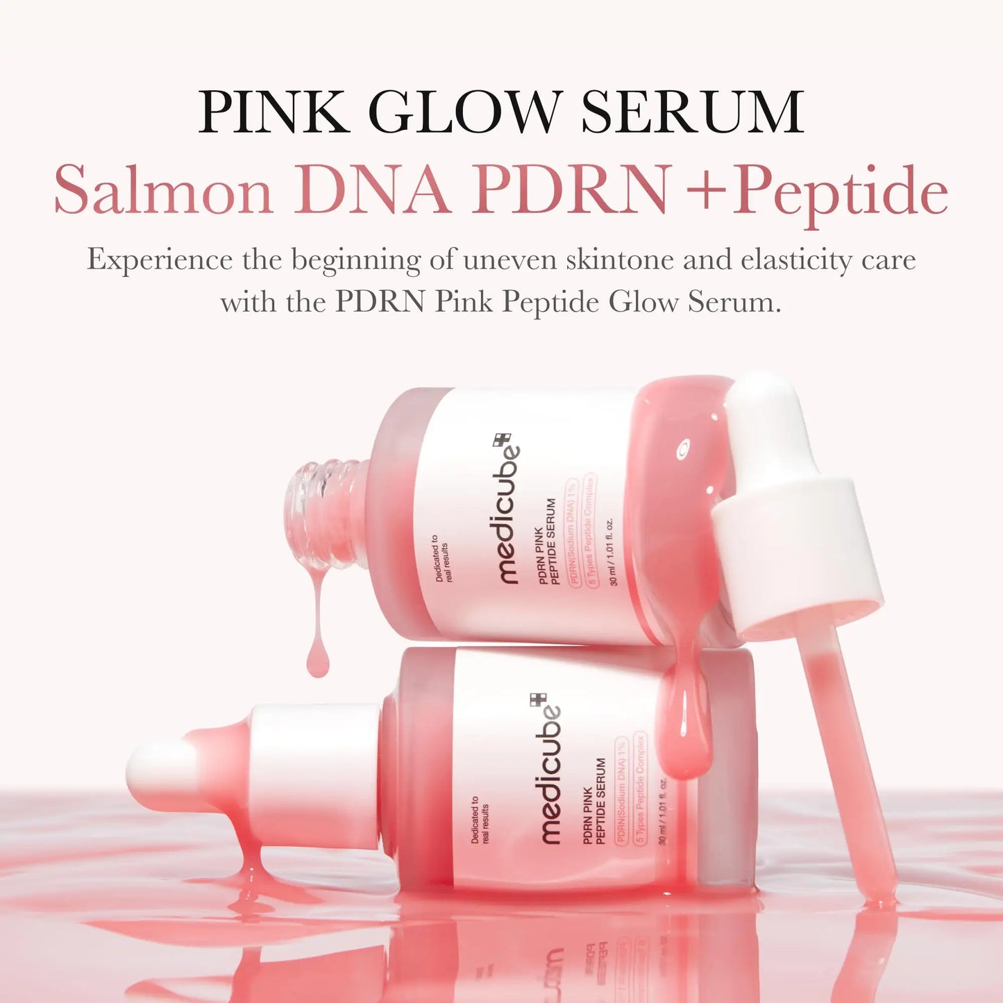 Two pink dropper bottles of medicube PDRN Pink Peptide Serum 30ml + PDRN Pink Collagen Capsule Cream 55g with drips of serum on a reflective pink surface highlighting skin elasticity and uneven skin tone care.