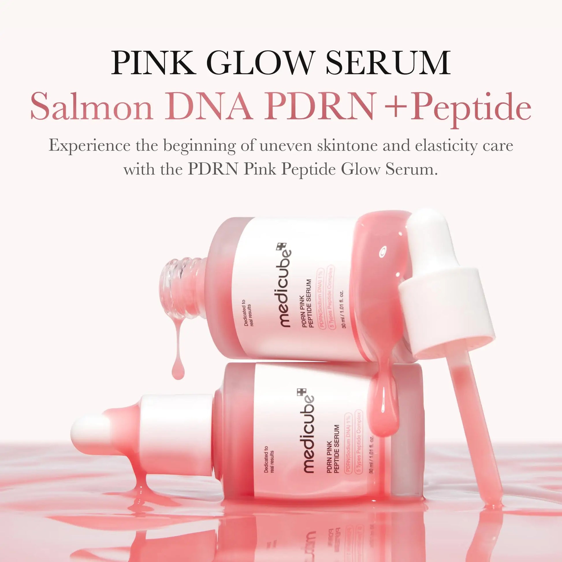 Two pink dropper bottles of medicube PDRN Pink Peptide Serum 30ml + PDRN Pink Collagen Capsule Cream 55g with drips of serum on a reflective pink surface highlighting skin elasticity and uneven skin tone care.