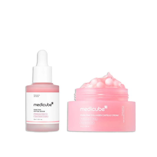 medicube PDRN Pink Peptide Serum 30ml with dropper next to an open jar of PDRN Pink Collagen Capsule Cream 55g showing pink capsules inside, both with clean minimal packaging
