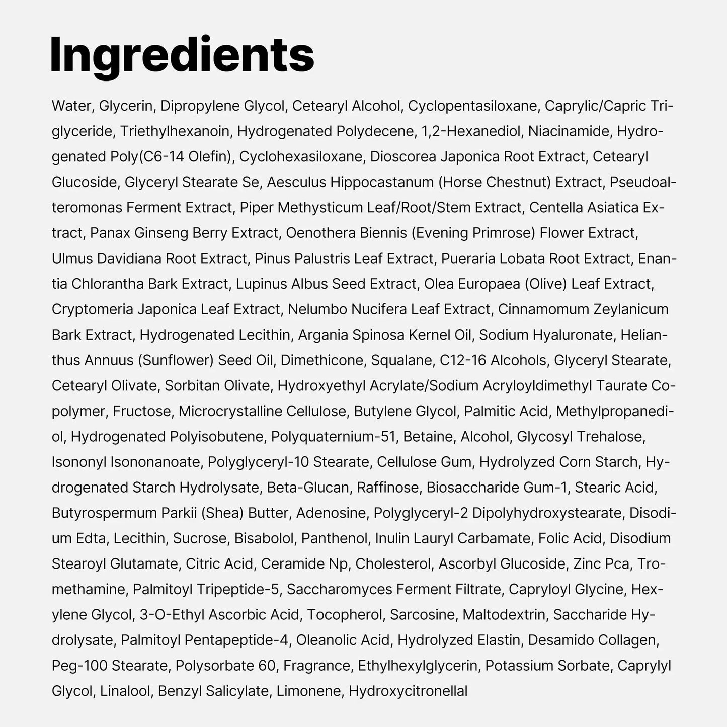 Ingredients list for medicube Triple Collagen Cream 50ml showing a detailed array of natural extracts, moisturizing agents, and skin-nourishing components in black text on a white background.