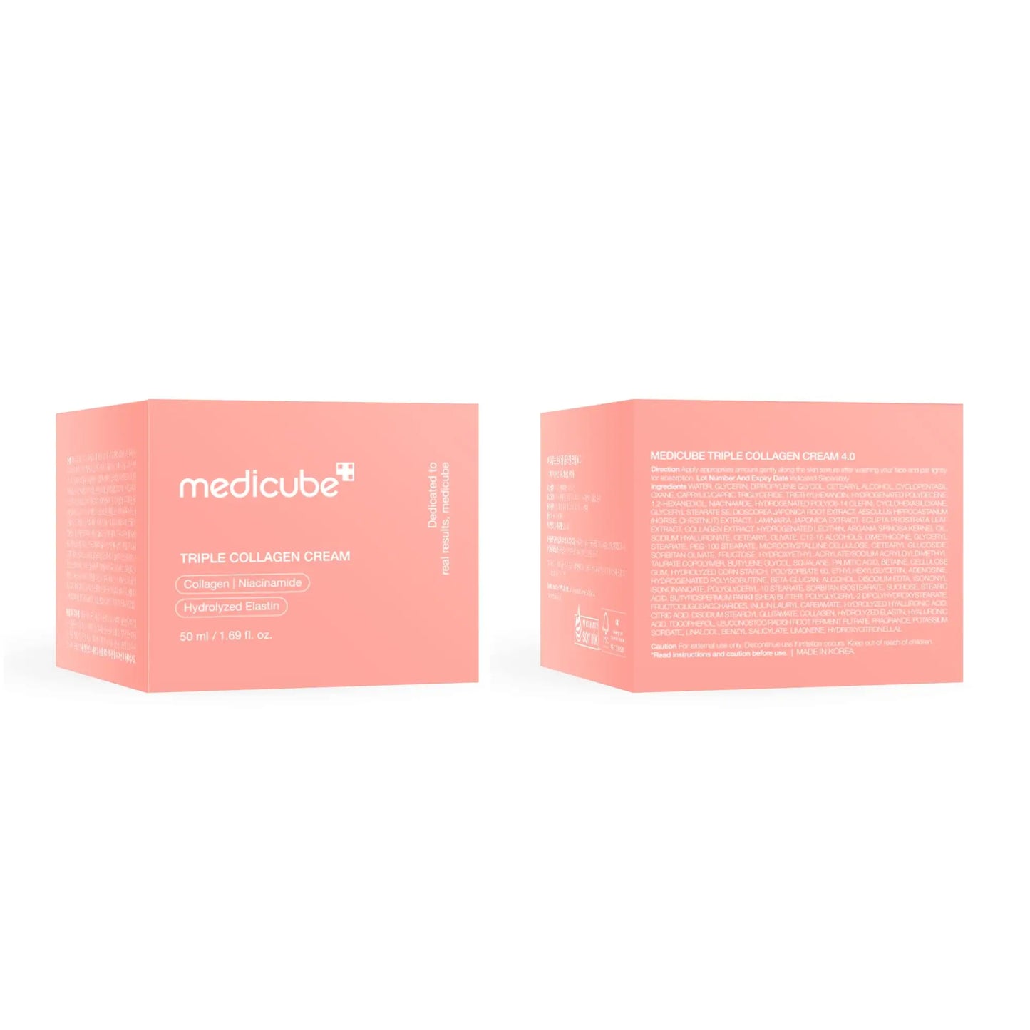 Two pink boxes of medicube Triple Collagen Cream 50ml shown from front and back with product details and ingredients text visible on the packaging