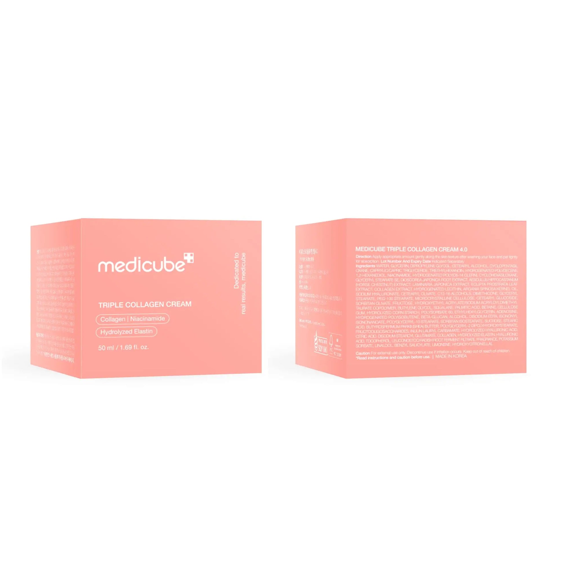Two pink boxes of medicube Triple Collagen Cream 50ml shown from front and back with product details and ingredients text visible on the packaging