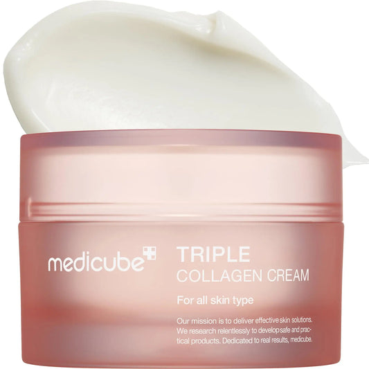 medicube Triple Collagen Cream 50ml in a pink jar with a smooth white cream texture displayed above, suitable for all skin types and moisturizing purposes