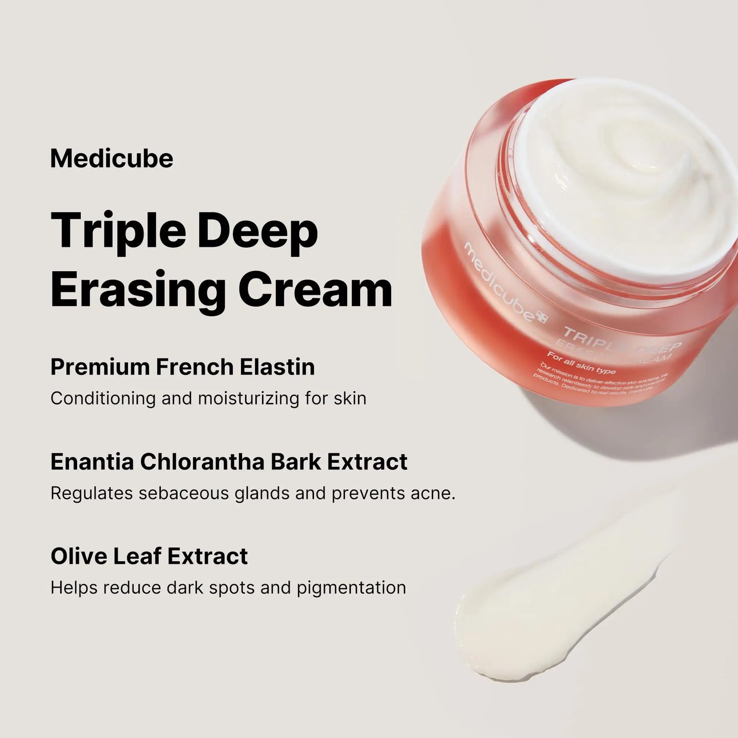 Open jar of medicube Triple Collagen Cream 50ml with a swirl of white cream inside, next to a smear of cream on a light background with text describing key moisturizing and skin conditioning ingredients.