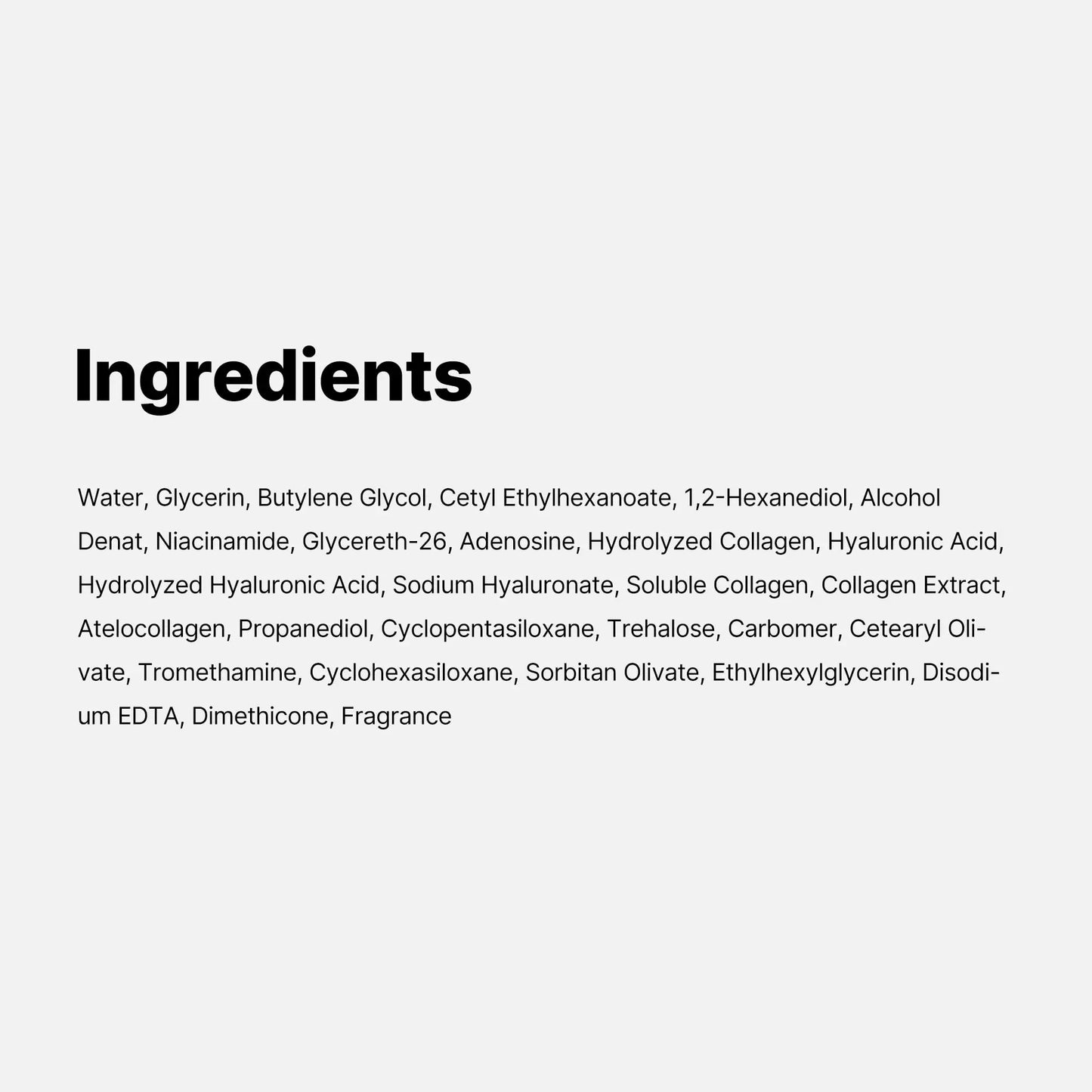 Ingredients list for medicube Triple Collagen Serum 55ml including Water, Glycerin, Butylene Glycol, Collagen Extract, Hyaluronic Acid, Niacinamide, Adenosine, and fragrance among others.