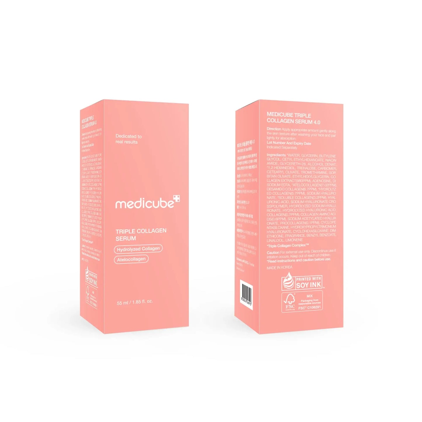 medicube Triple Collagen Serum 55ml packaging showing front and back of a pink box with product details and ingredient information in a minimalistic design
