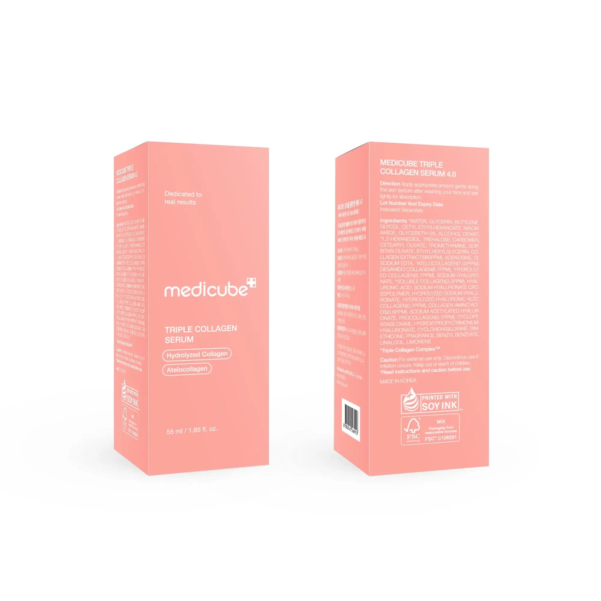 medicube Triple Collagen Serum 55ml packaging showing front and back of a pink box with product details and ingredient information in a minimalistic design