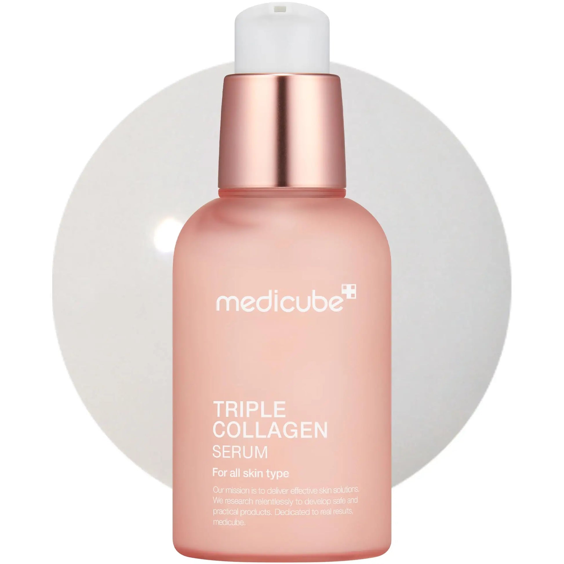 medicube Triple Collagen Serum 55ml in a pink bottle with a rose gold pump, designed for all skin types with collagen-boosting properties for smoother skin texture