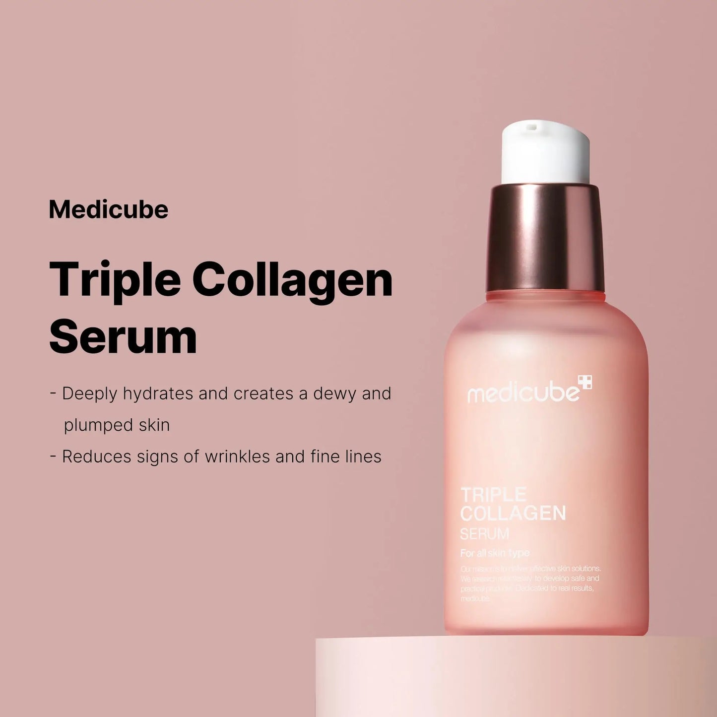 medicube Triple Collagen Serum 55ml bottle with pump dispenser on a pink background, promoting hydration and reduction of wrinkles and fine lines
