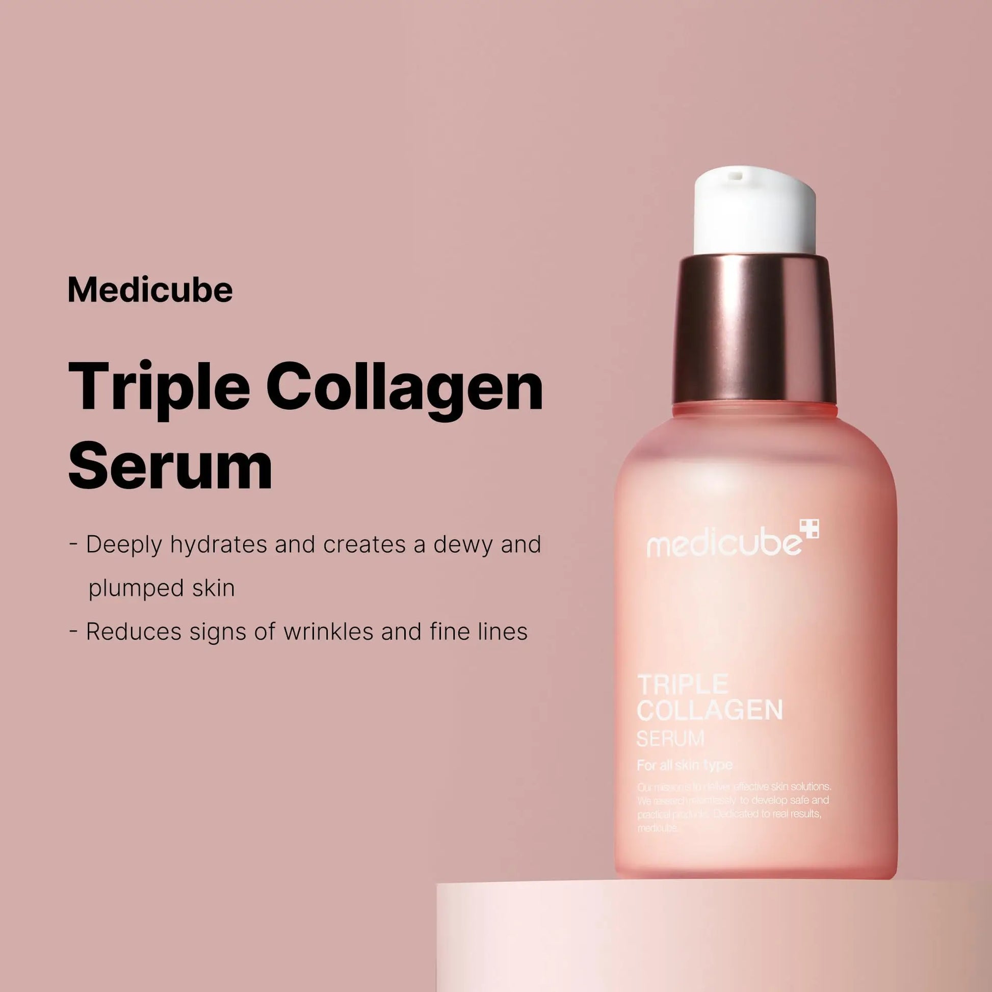 medicube Triple Collagen Serum 55ml bottle with pump dispenser on a pink background, promoting hydration and reduction of wrinkles and fine lines