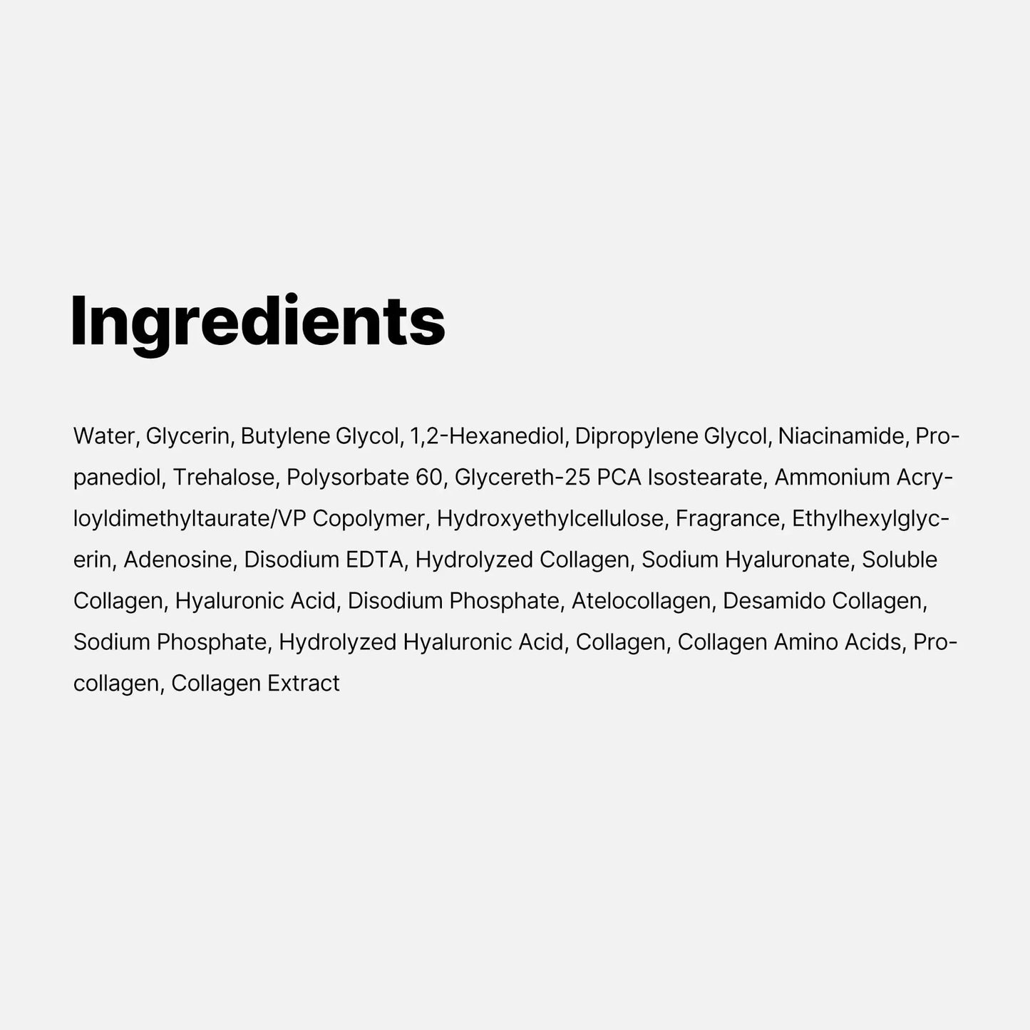 Ingredients list for medicube Triple Collagen Toner 140ml including water, glycerin, niacinamide, hyaluronic acid, hydrolyzed collagen, adenosine, collagen amino acids, and fragrant components.