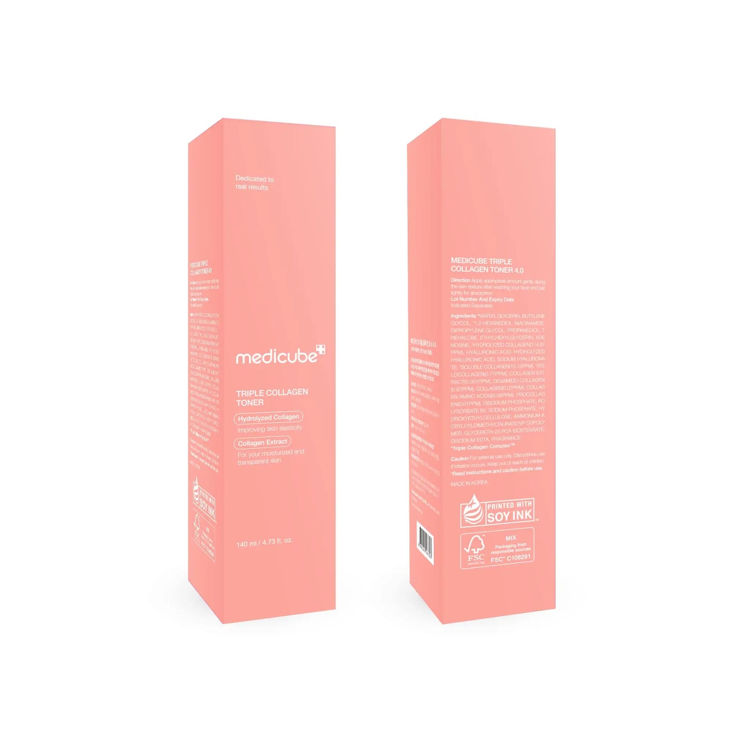 medicube Triple Collagen Toner 140ml packaging in soft pink color showing front and back sides with product details and eco-friendly soy ink printing information