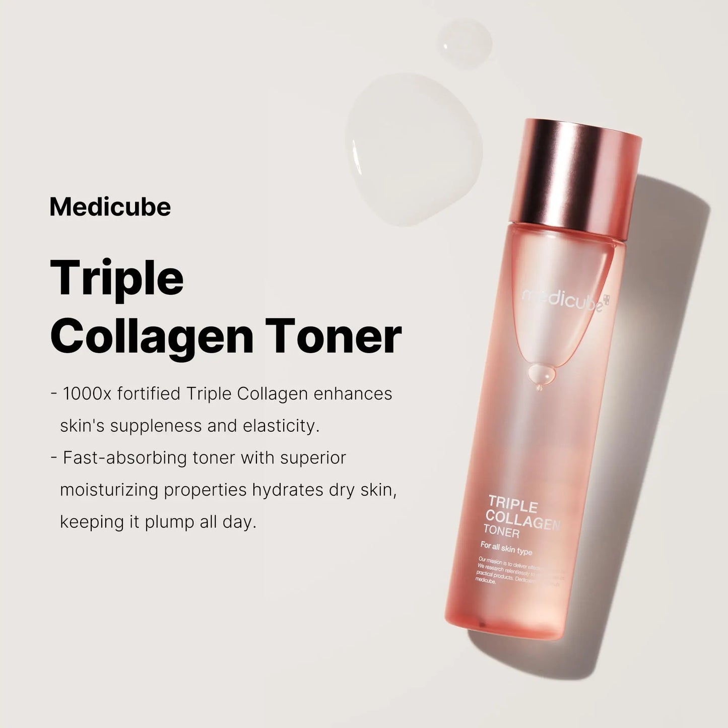 medicube Triple Collagen Toner 140ml in a sleek pink bottle with fast-absorbing formula visibly hydrating and enhancing skin suppleness and elasticity