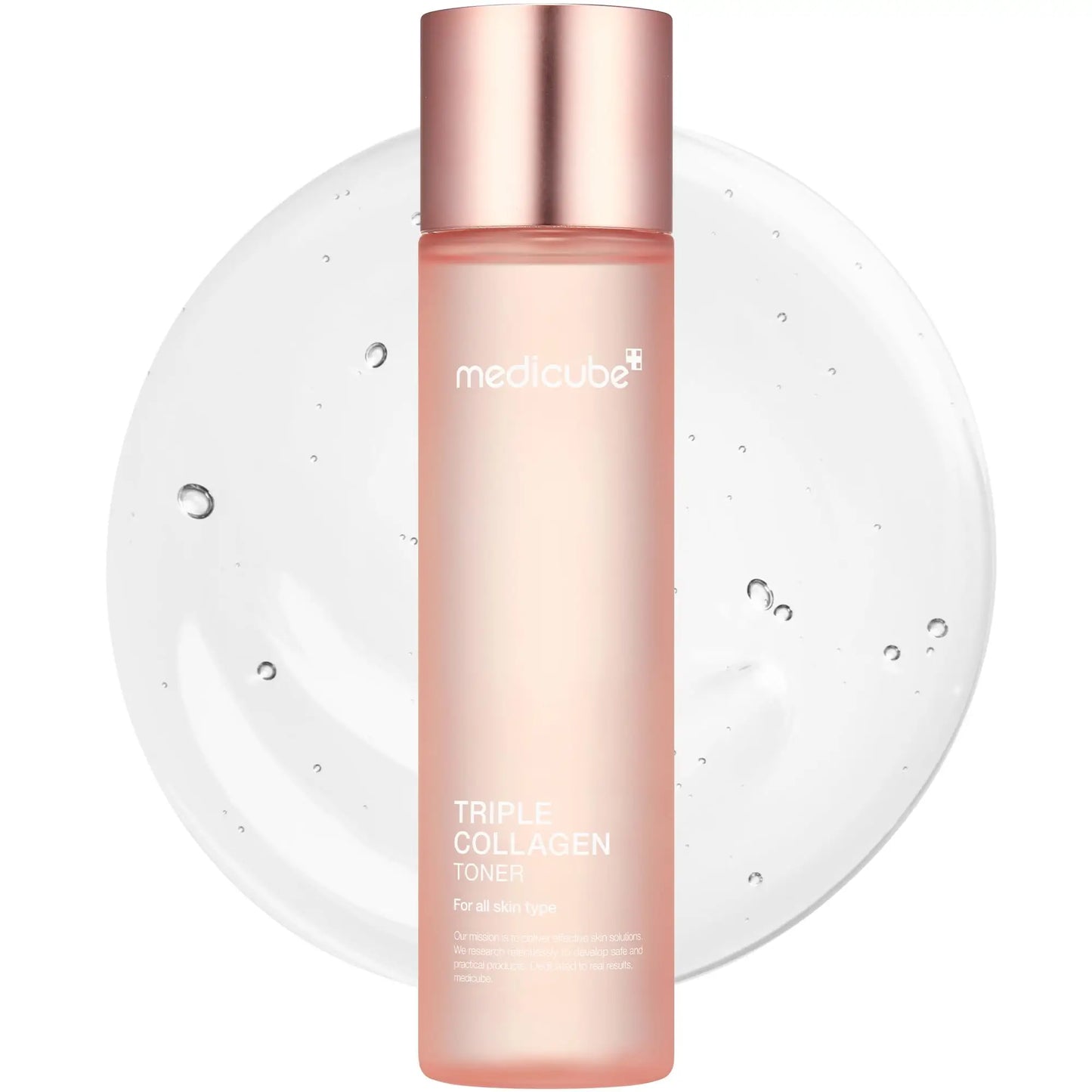 medicube Triple Collagen Toner 140ml bottle with light pink cap and translucent body shown against a clear gel background with bubbles for hydration and skin care promotion