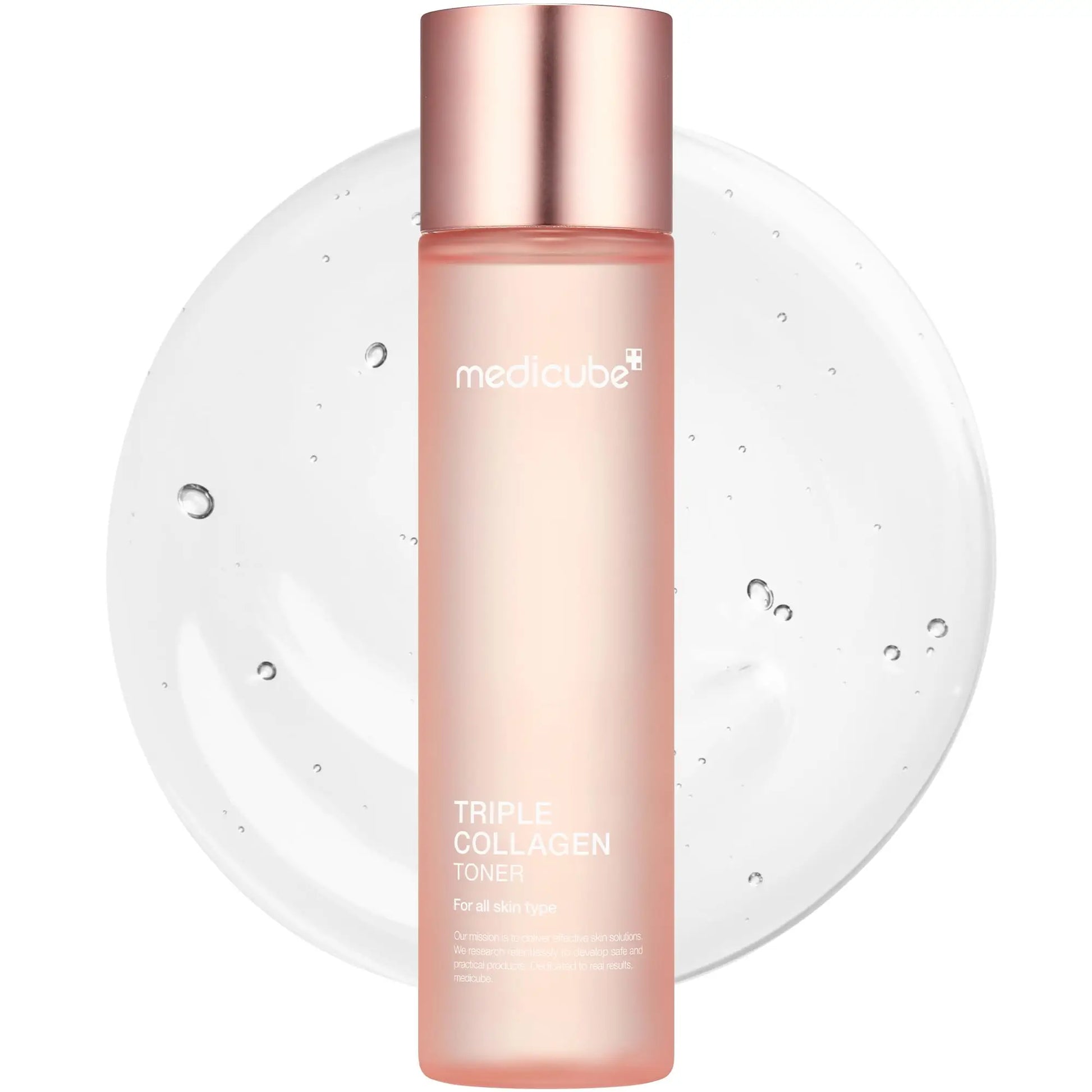 medicube Triple Collagen Toner 140ml bottle with light pink cap and translucent body shown against a clear gel background with bubbles for hydration and skin care promotion