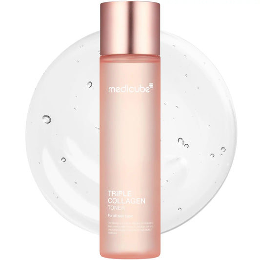medicube Triple Collagen Toner 140ml bottle with light pink cap and translucent body shown against a clear gel background with bubbles for hydration and skin care promotion