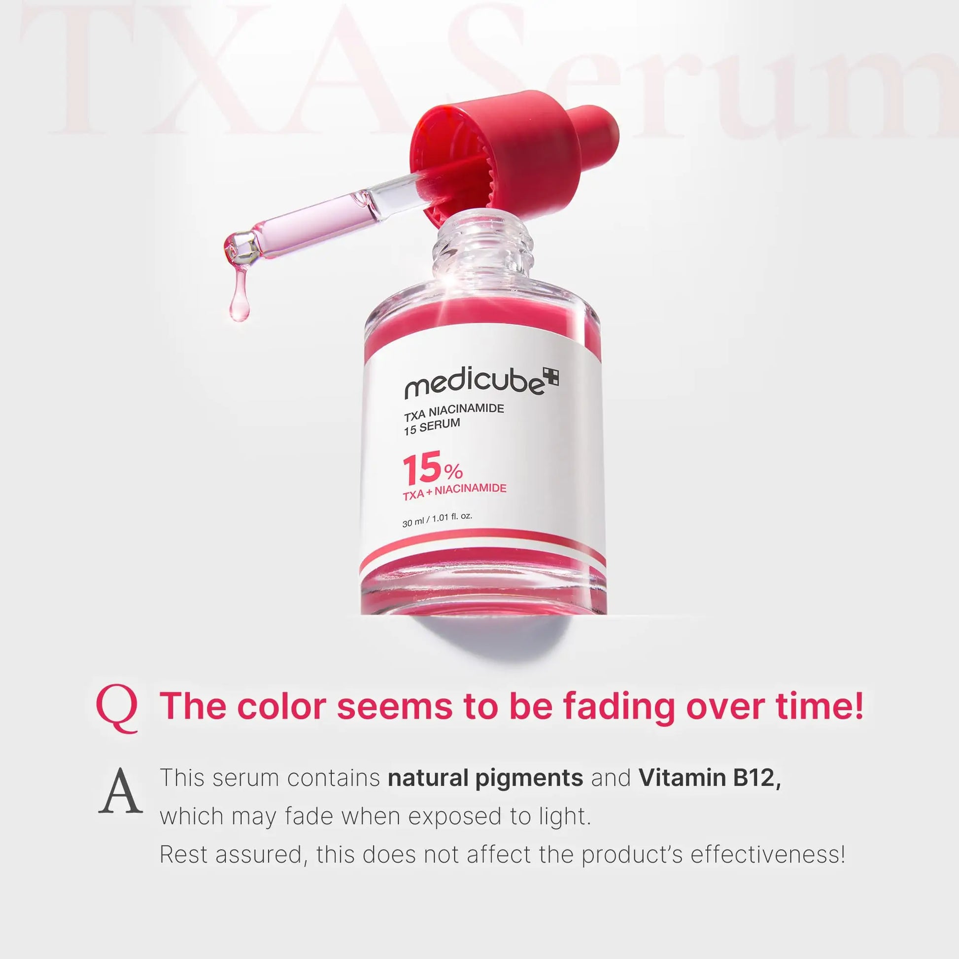 medicube TXA Niacinamide 15 Serum 30ml with a dropper releasing pink serum liquid, highlighting its fading color due to natural pigments and Vitamin B12 without affecting effectiveness.