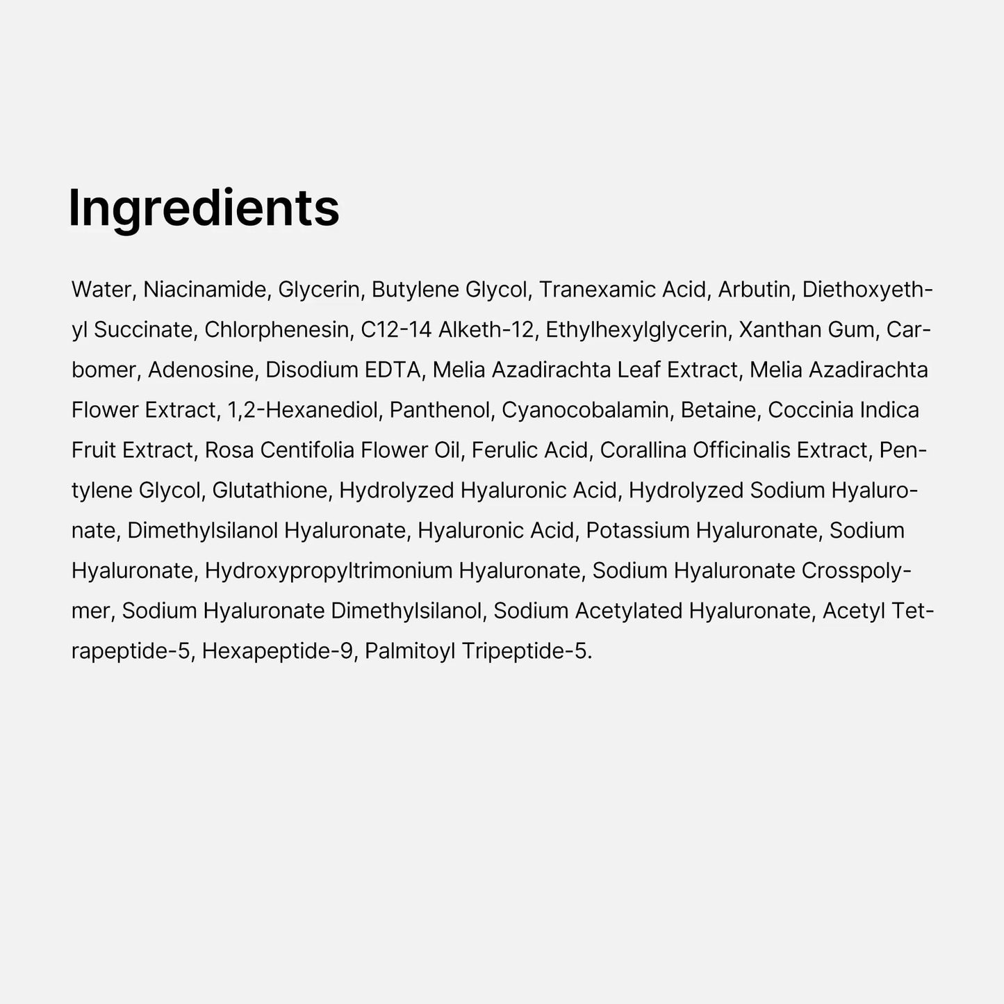 List of ingredients for medicube TXA Niacinamide 15 Serum 30ml displayed in black text on a white background.