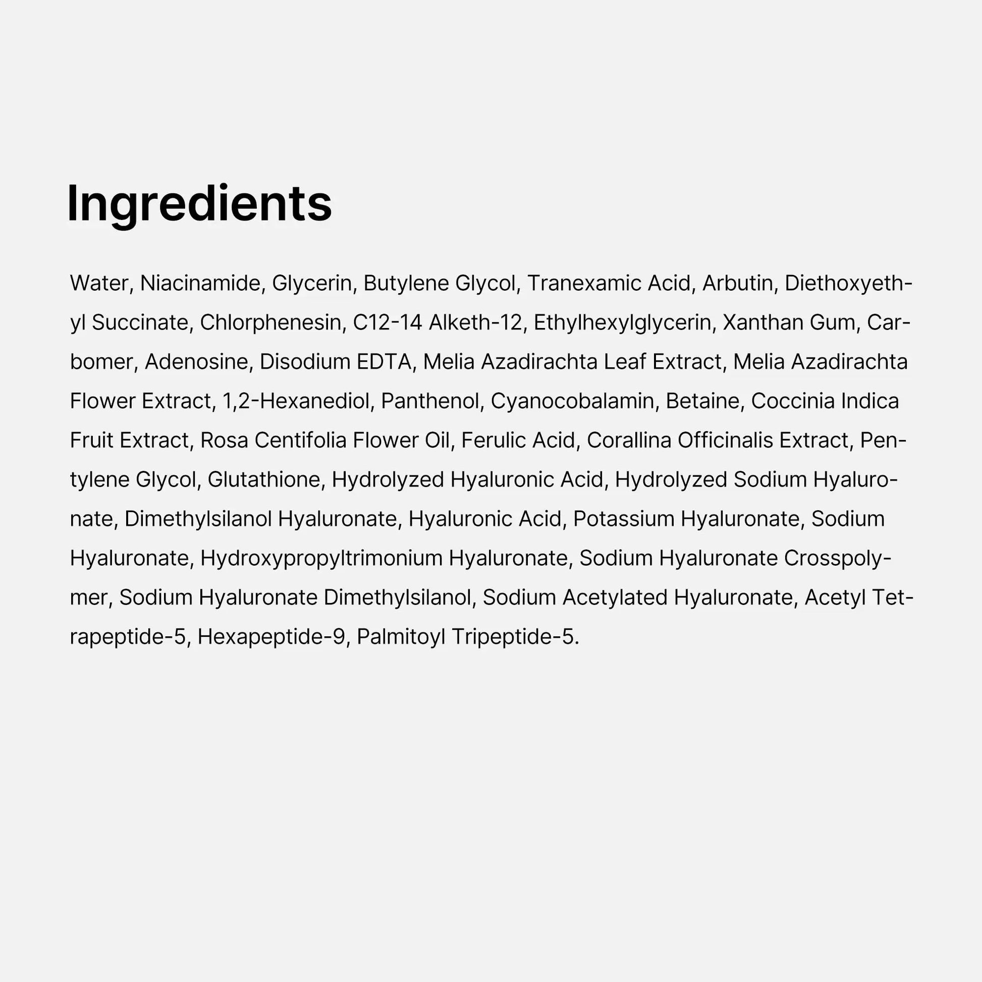List of ingredients for medicube TXA Niacinamide 15 Serum 30ml displayed in black text on a white background.
