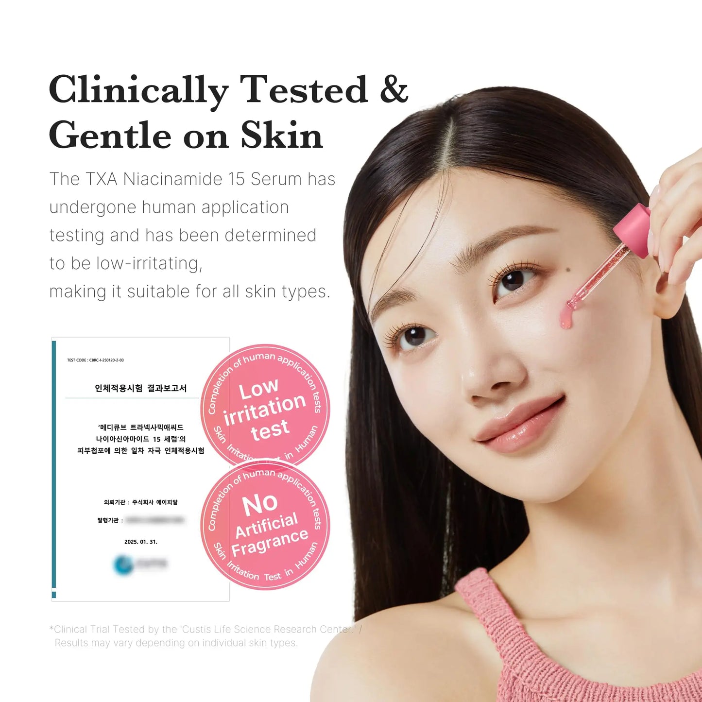 A woman with clear skin applies medicube TXA Niacinamide 15 Serum 30ml with a dropper, highlighting its clinically tested, gentle, low-irritation formula suitable for all skin types.