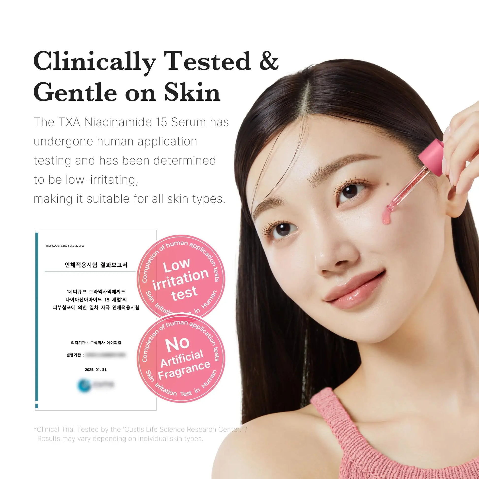 A woman with clear skin applies medicube TXA Niacinamide 15 Serum 30ml with a dropper, highlighting its clinically tested, gentle, low-irritation formula suitable for all skin types.