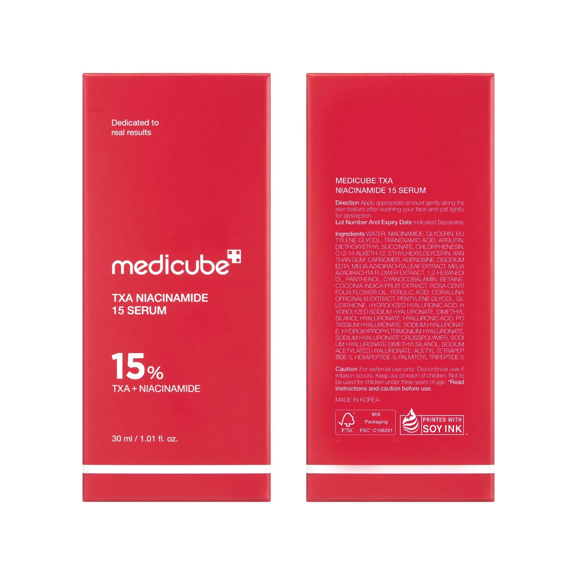 Red and white packaging of medicube TXA Niacinamide 15 Serum 30ml showing front with product name and concentration, and back with usage instructions and ingredients.