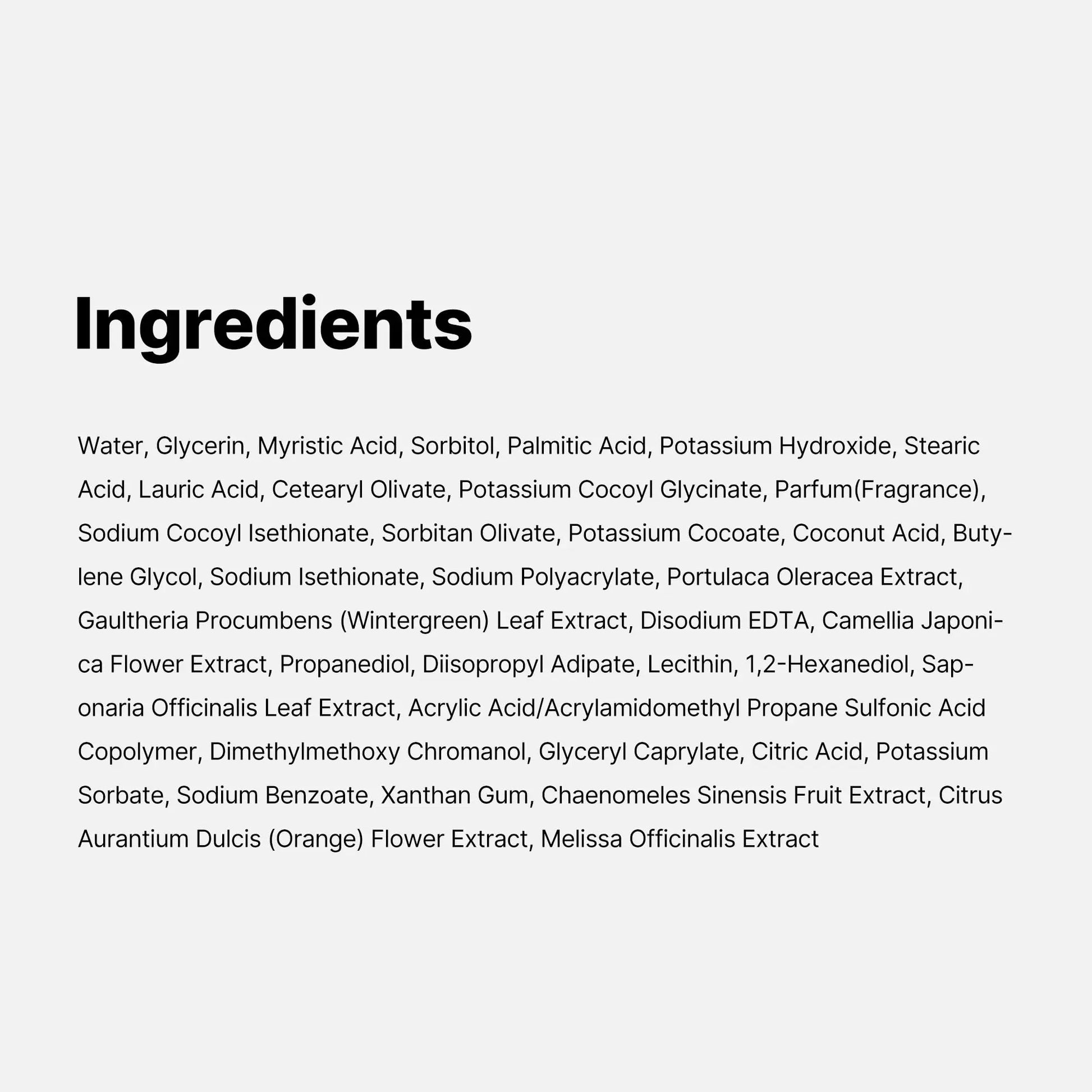 Ingredients list for medicube Zero Foam Cleanser 120g showing water, glycerin, various acids, plant extracts including wintergreen leaf and orange flower, and multiple cleansing agents.