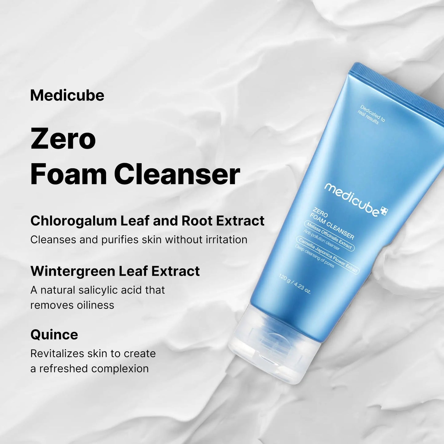 medicube Zero Foam Cleanser 120g in blue tube on textured white background with text describing ingredients including chlorogalum leaf and root extract, wintergreen leaf extract, and quince for gentle skin cleansing and oil control.