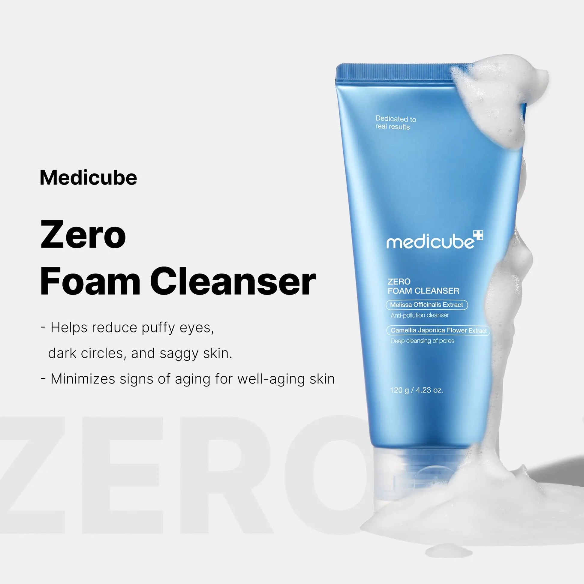 Blue tube of medicube Zero Foam Cleanser 120g with foam on a white background, highlighting benefits for reducing puffy eyes, dark circles, and aging signs.