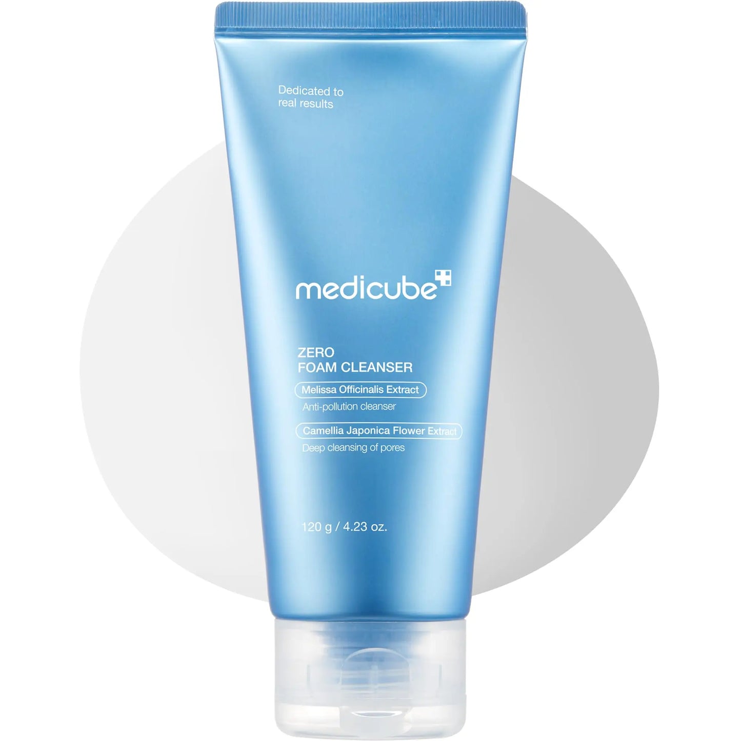 medicube Zero Foam Cleanser 120g in a blue squeeze tube with white text, featuring melissa officinalis and camellia japonica flower extracts for deep pore cleansing and anti-pollution benefits