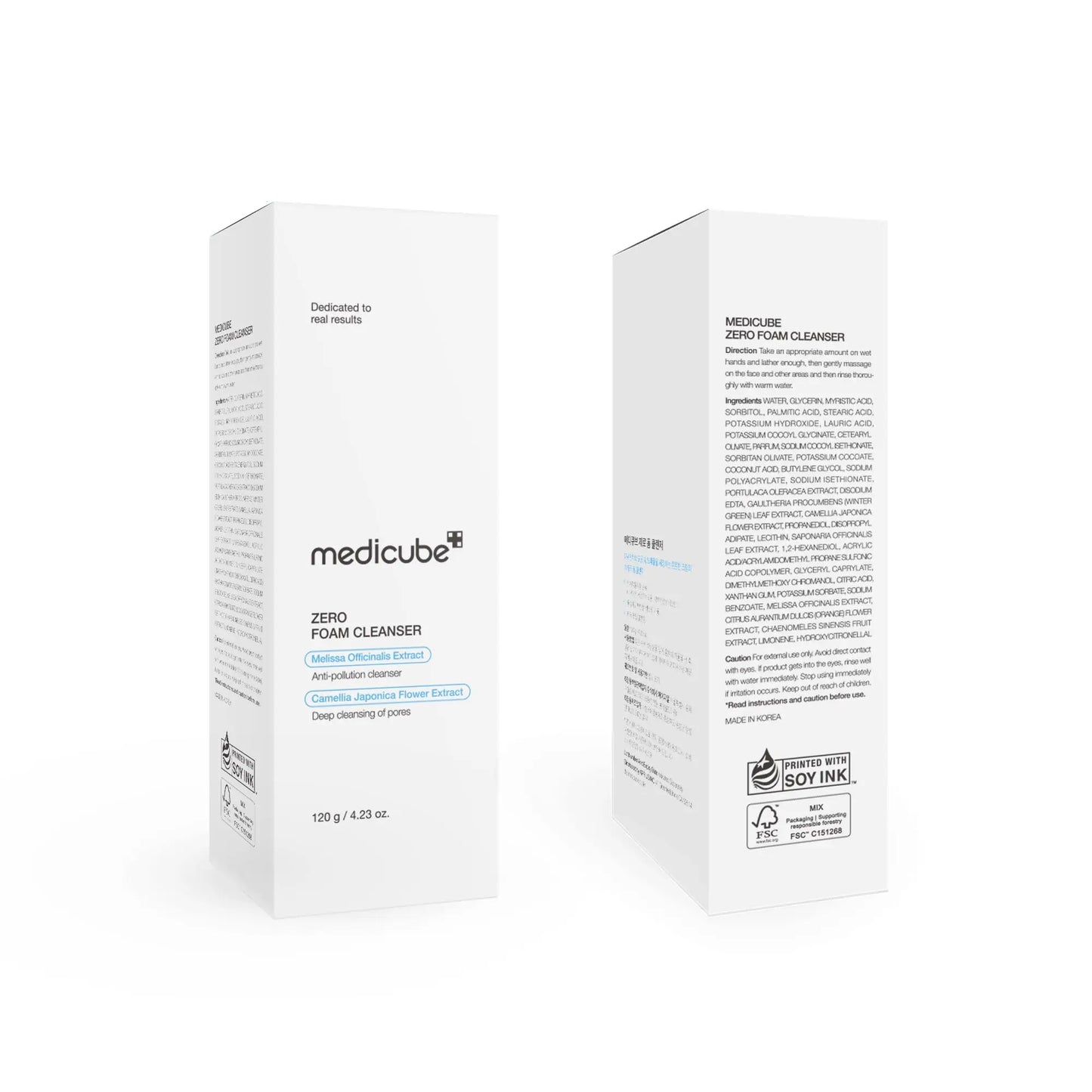 White packaging box of medicube Zero Foam Cleanser 120g showing front and back with clean design and ingredient details including Centella Asiatica Flower Extract and anti-pollution claims.