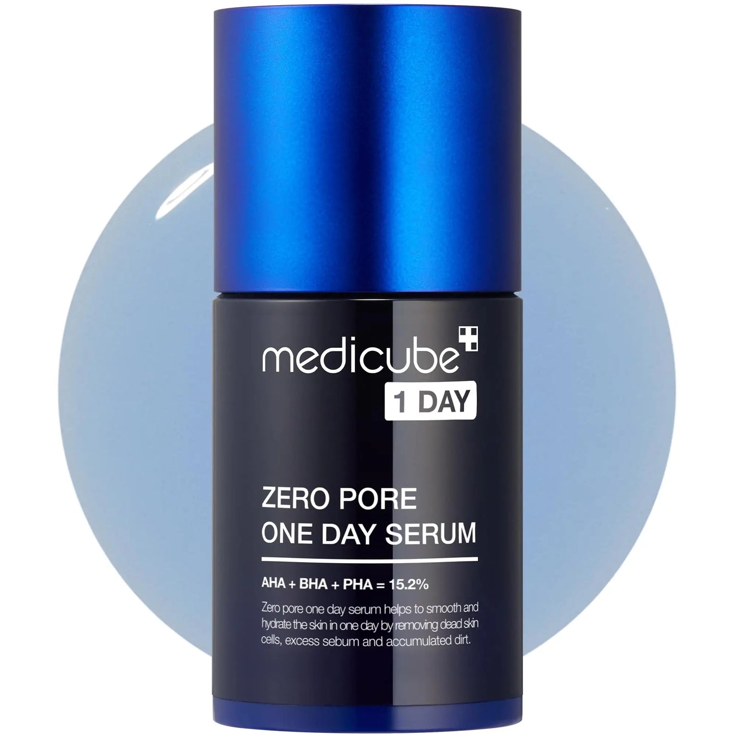 Bottle of medicube Zero Pore Oneday Serum 30ml with blue cap placed on a light blue serum liquid background, designed for smoothing and hydrating skin pores.