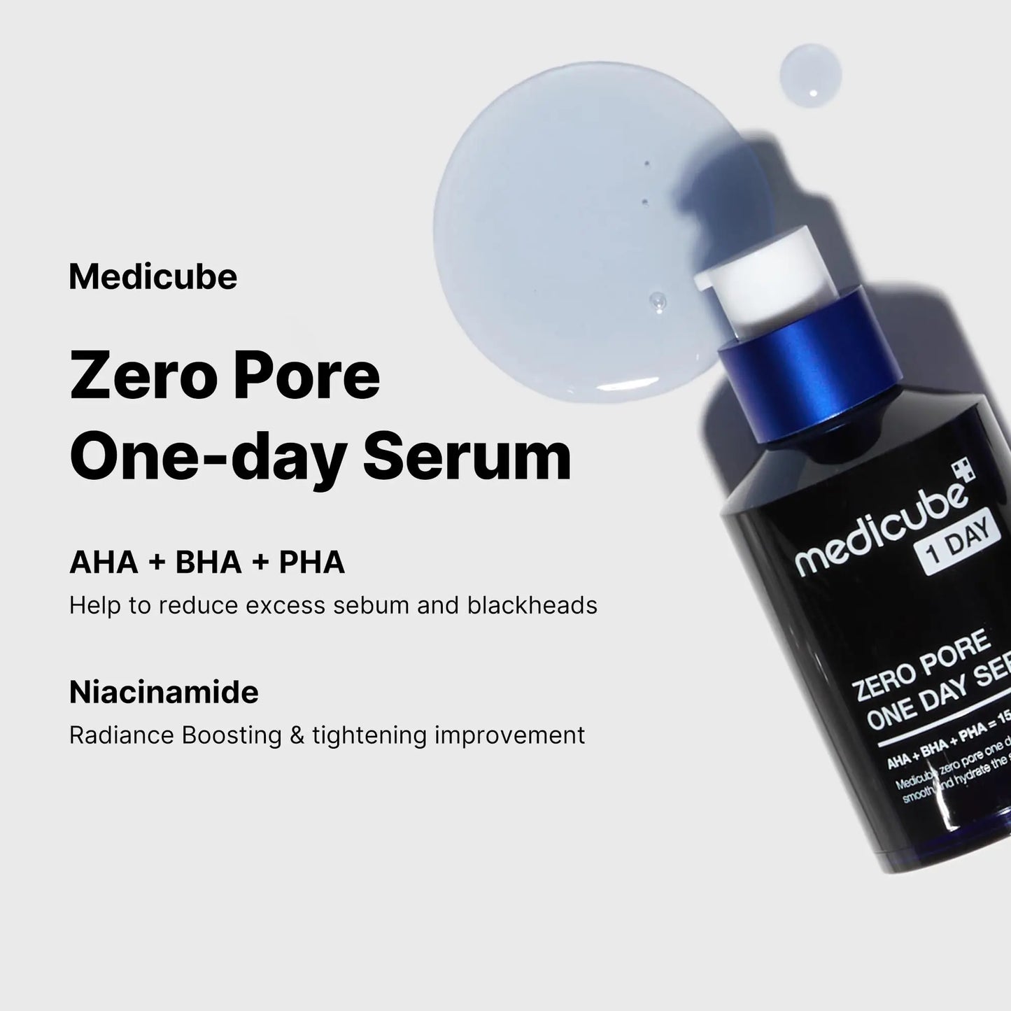 medicube Zero Pore Oneday Serum 30ml bottle with clear serum drops on a light background, highlighting ingredients AHA, BHA, PHA, and niacinamide for pore tightening and sebum control.