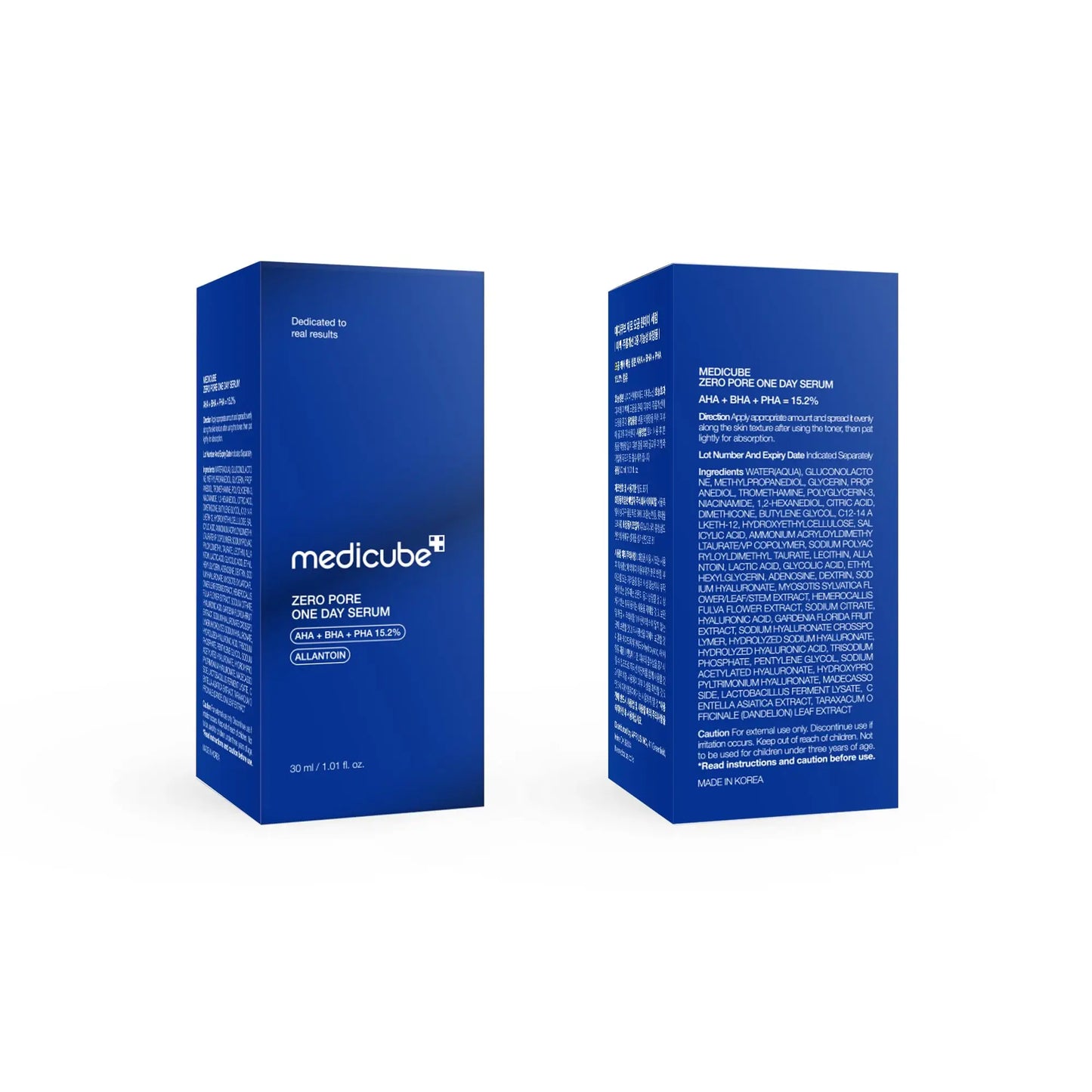 Blue packaging box showing front and back views of medicube Zero Pore Oneday Serum 30ml with product information and ingredient list on the back panel.