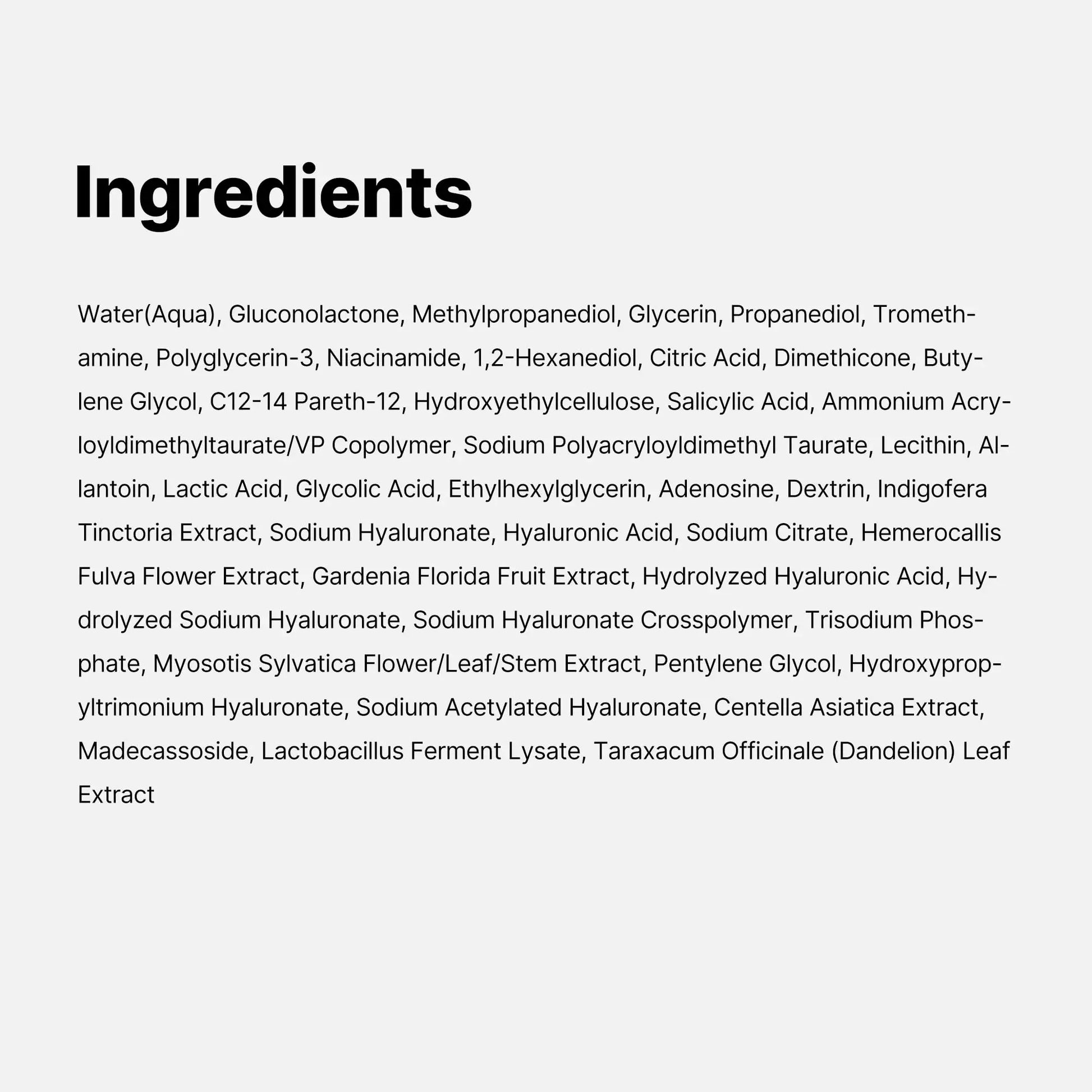 Text listing ingredients of medicube Zero Pore Oneday Serum 30ml including water, niacinamide, salicylic acid, hyaluronic acid variants, centella asiatica extract, madecassoside, and dandelion leaf extract.